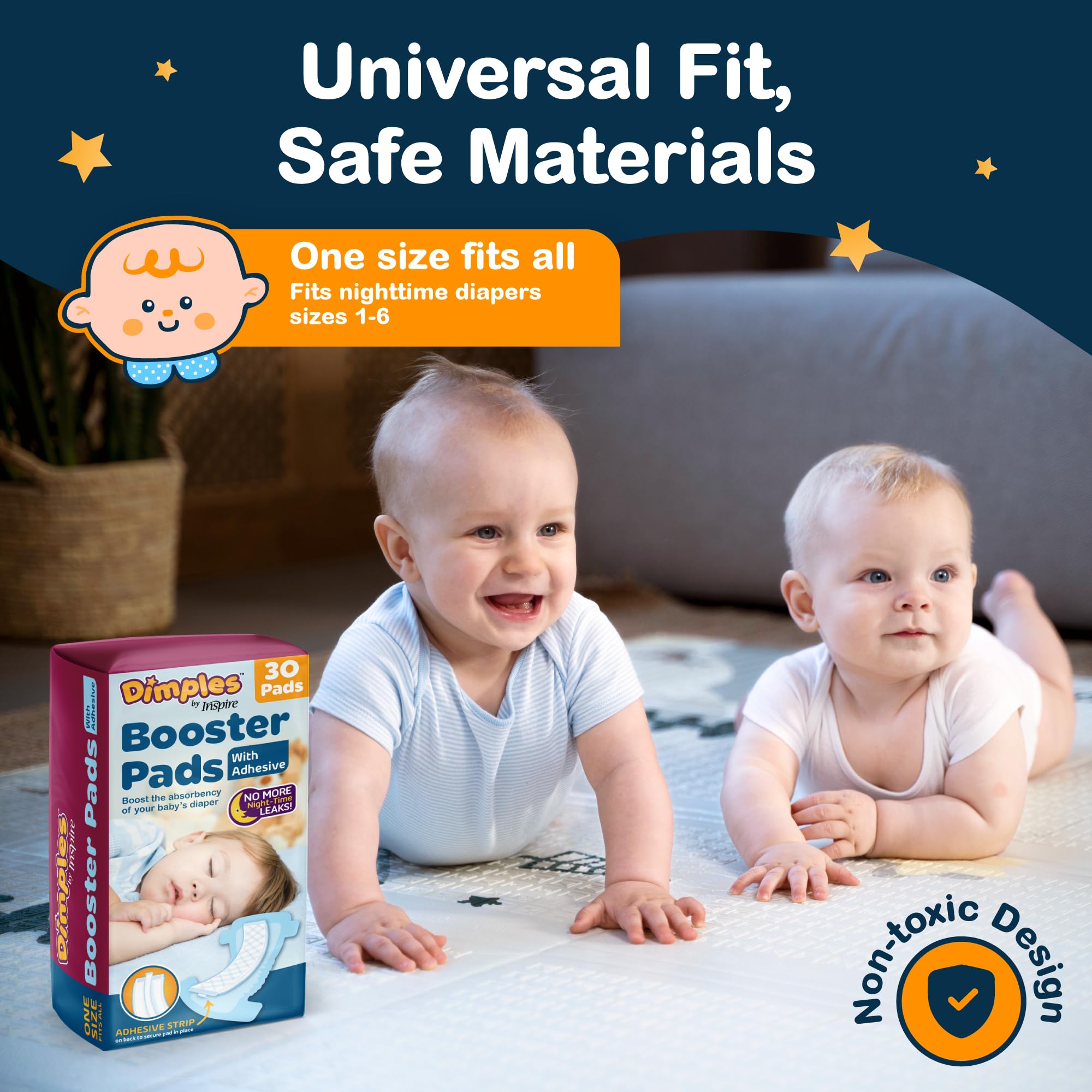 Inspire Dimples Booster Pads, Baby Diaper Doubler with Adhesive - 1 Size Fits All Diapers - Boosts Diaper Absorbency - No More leaks 90 Count (with Adhesive for Secure Fit)