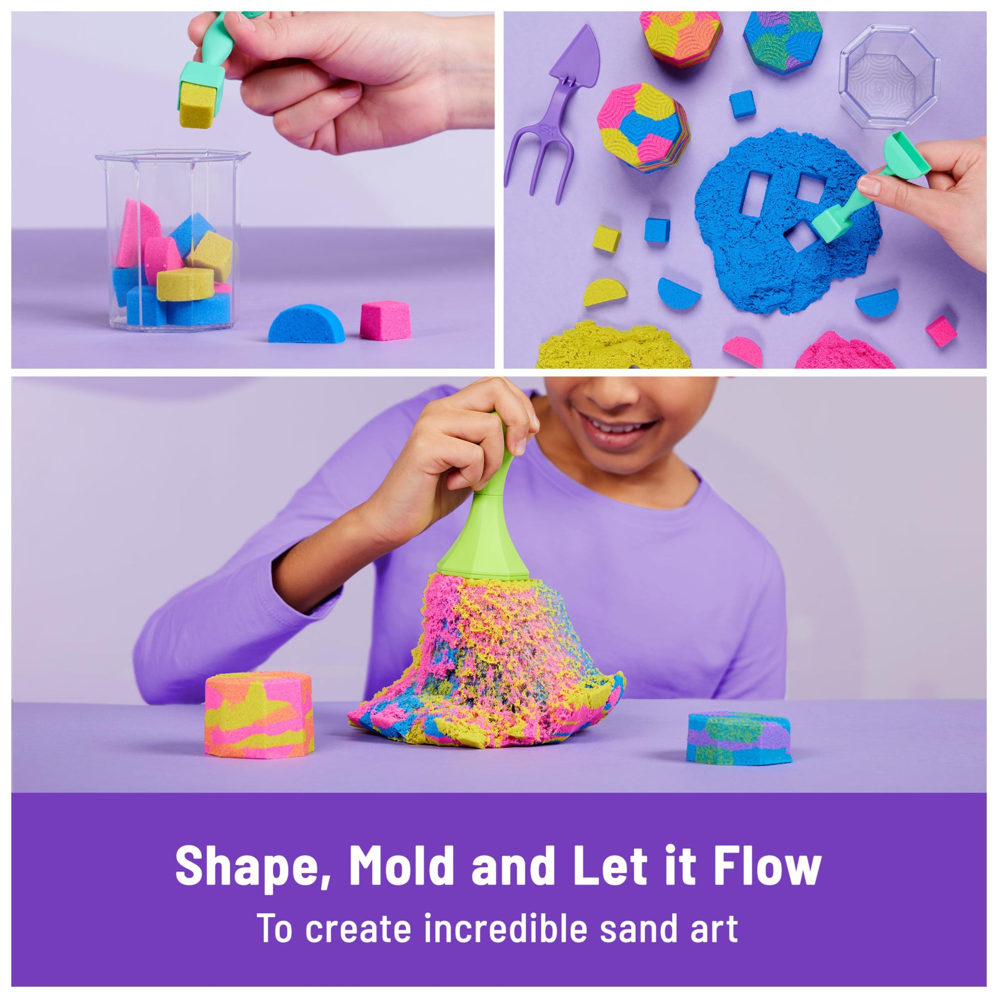 Kinetic Sand, Squish N’ Create Playset with 13.5oz Blue, Yellow & Pink Play Sand, 5 Tools, Sensory Toys for Kids Ages 3 and up