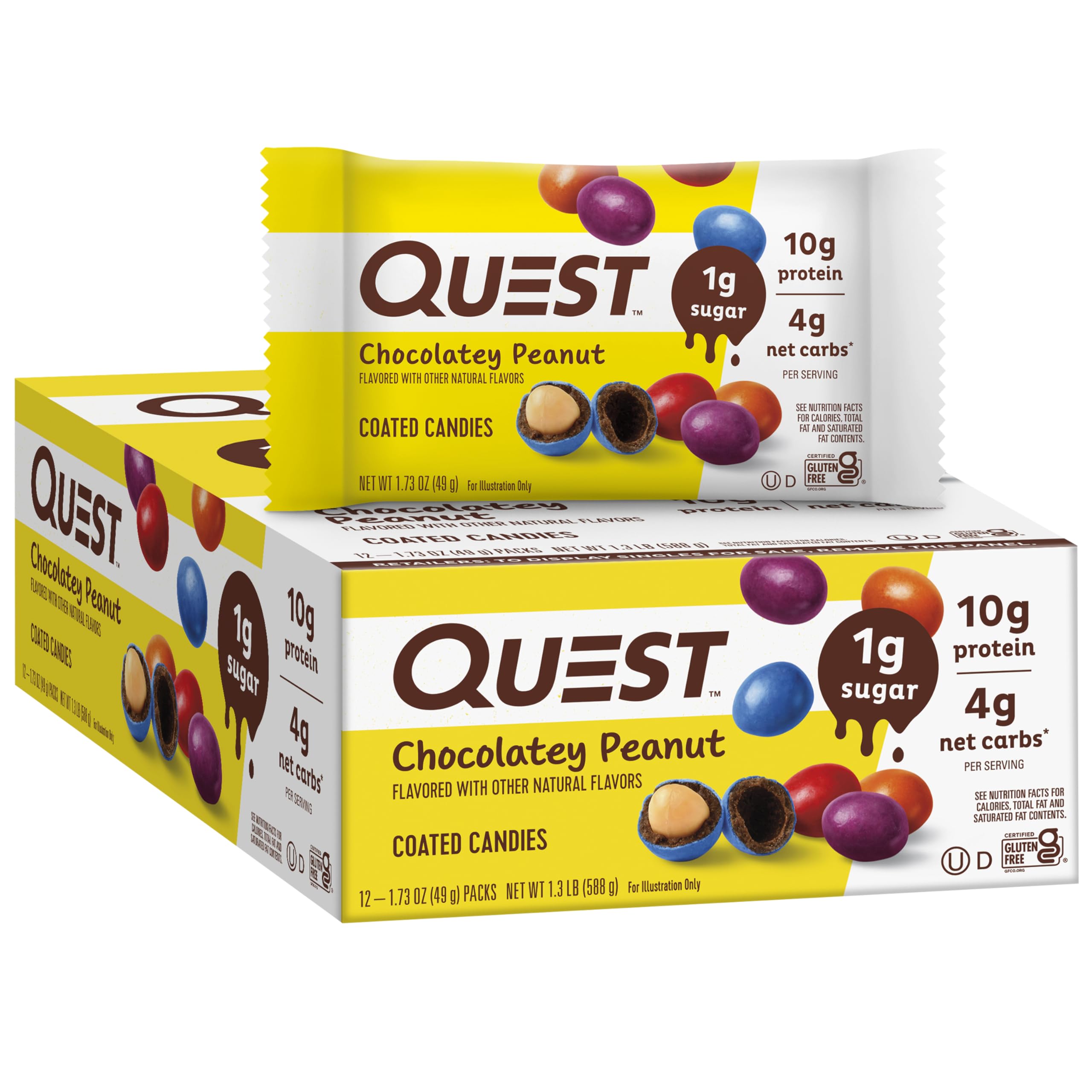 Quest Nutrition Coated Candies, schokoladige Erdnuss, 1g Zucker, 10g Protein, 4g Netto-Kohlenhydrate, glutenfrei, Keto-freundlich, 12 Stück