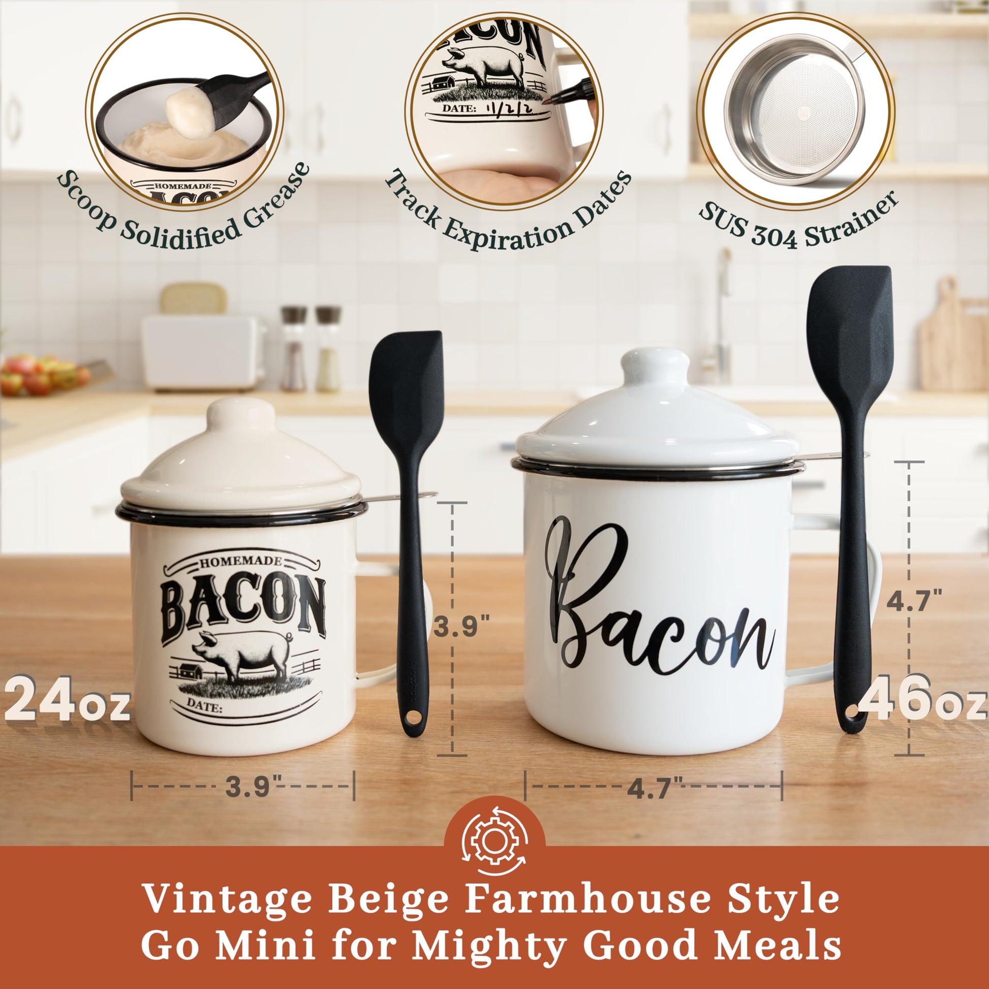 Bacon Grease Container with Strainer - With Food-Grade Silicone Spatula, 24oz Enamel Rustic Farmhouse Fat Container, Keeper, Recipes, Dishwasher Safe