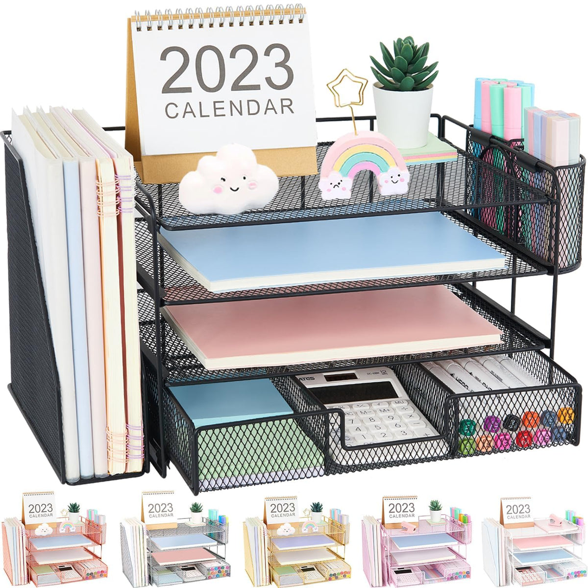 OPNICE Desk Organizer and Accessories, 4-Tier Desktop File Organizer with Drawer and 2 Pen Holders, Office Desk Accessories, Workspace Organizers for Office Supplies(Black)