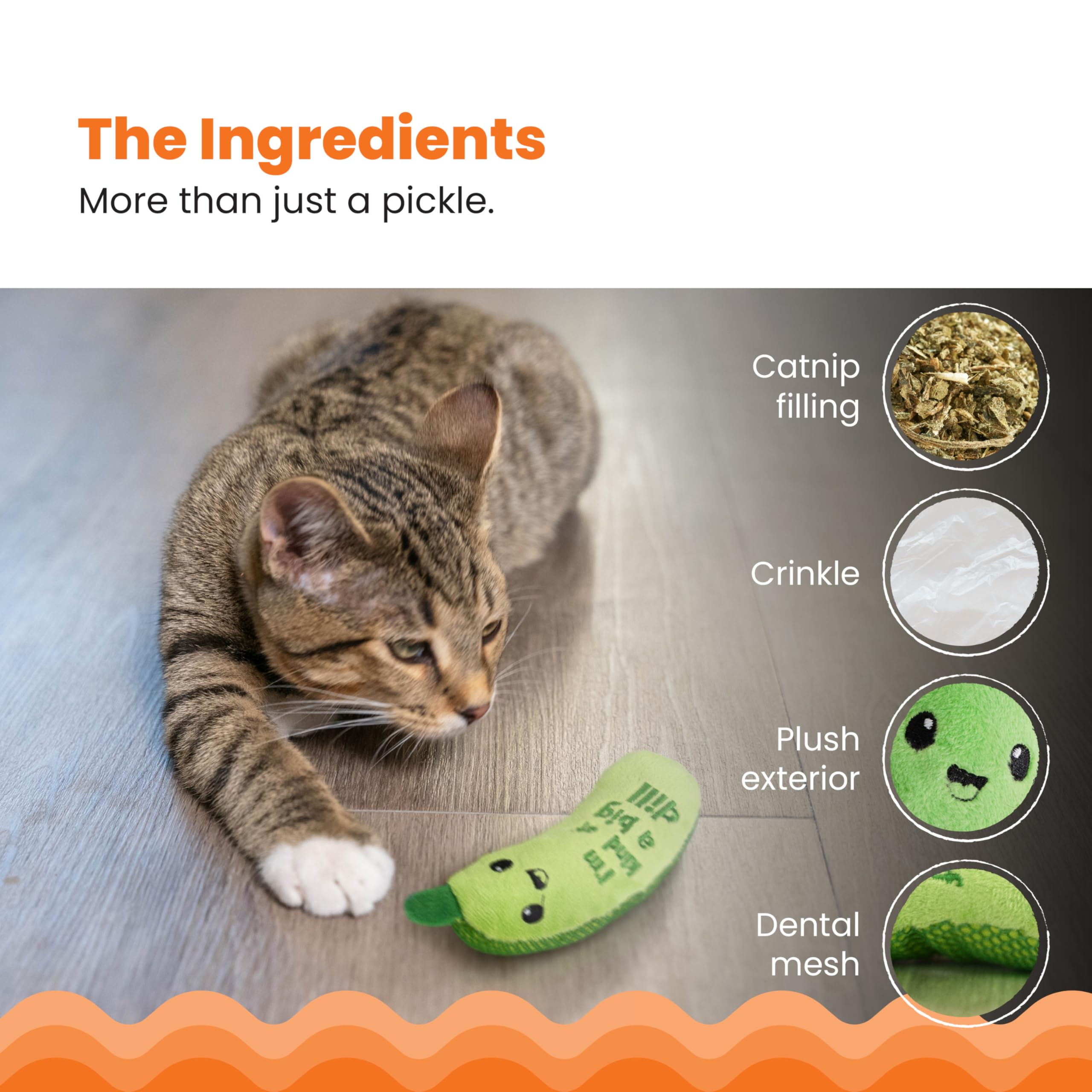 Catstages Crunchy Pickle Kicker Toy with Catnip and Dental Mesh, Pickle Shape, Plush and Crinkle Cat Toy for Kicking, Tossing, and Teeth Cleaning, Green