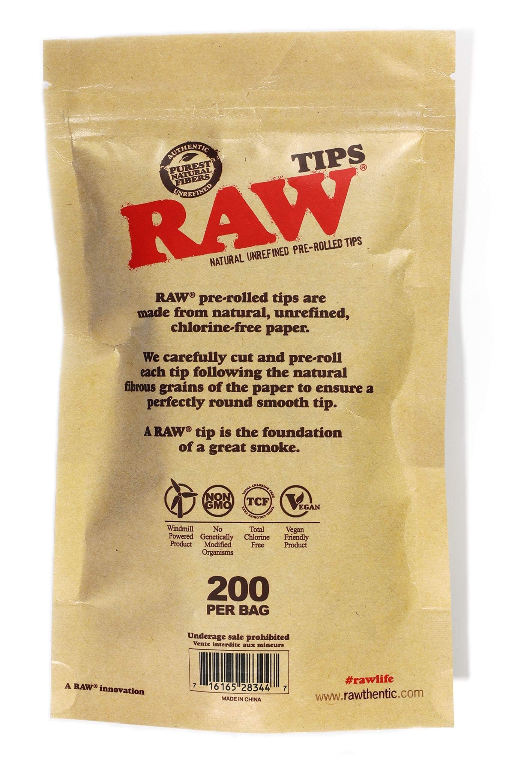 RAW Natural Unrefined Pre-Rolled Filter Tips - 1 Bag of 200 Tips