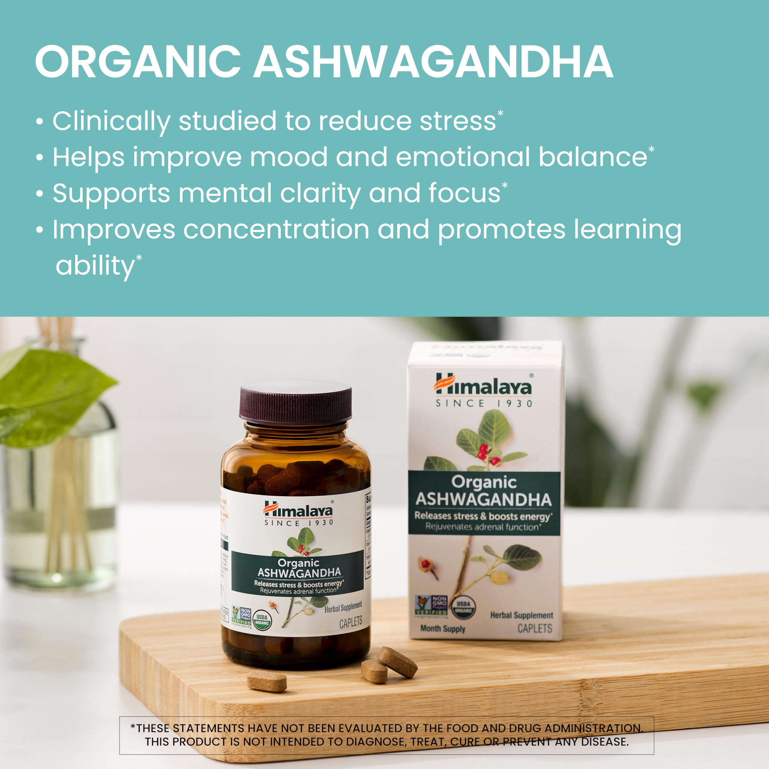 Himalaya Organic Ashwagandha Root, 60 Day Supply - Herbal Adrenal Support Supplements for Stress Relief and Energy Support - USDA Organic, Non-GMO, Vegan, Gluten Free, No Additives, 670 mg, 60 Caplets