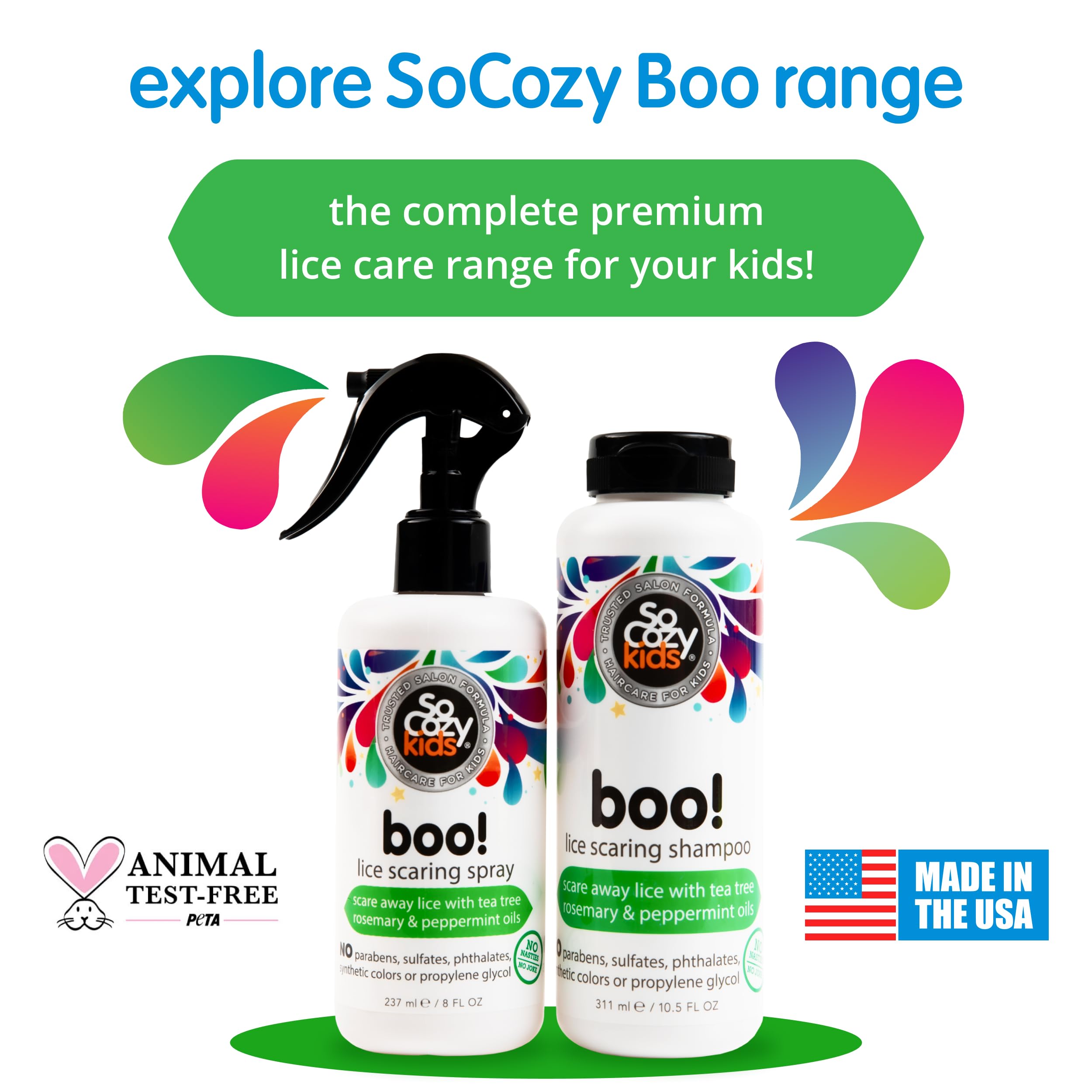 SoCozy Boo Lice Scaring Spray For Kids Hair, Effective Lice Treatment (8 Fl Oz) Clinically Proven to Repel Lice, Conditioning Spray with Tea Tree Oil, Rosemary Oil & Keratin, Paraben & Sulfate Free