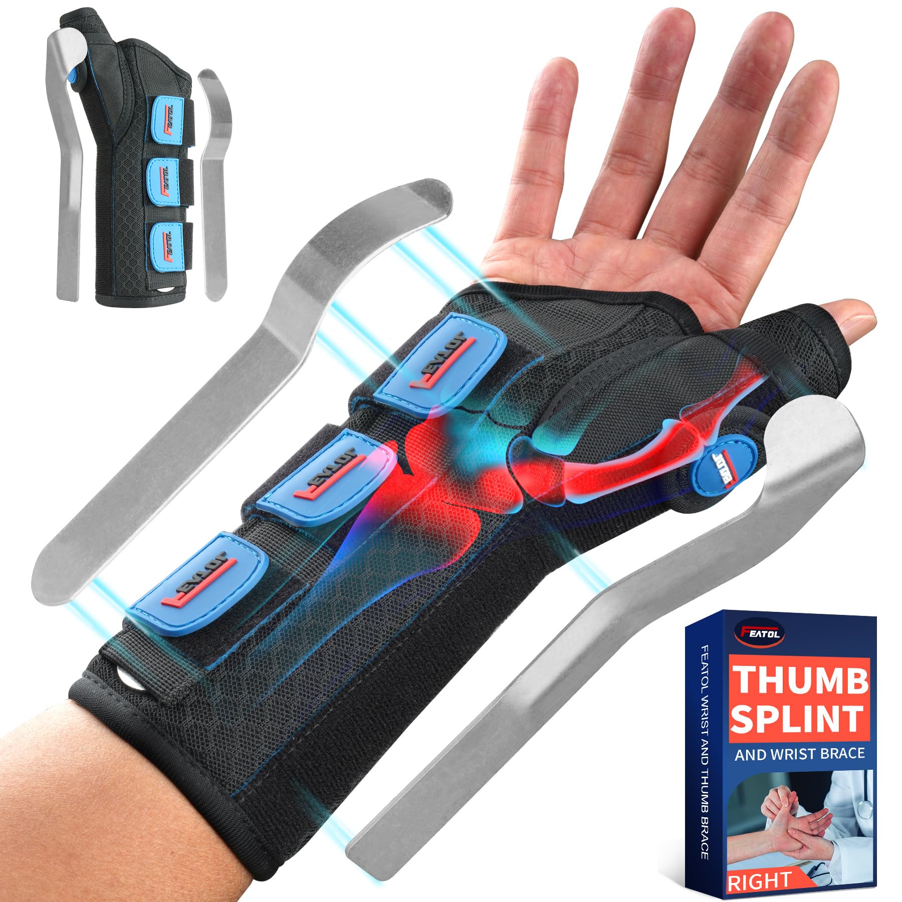FEATOL Carpal Tunnel Wrist Brace Night Support, Thumb Spica Splint Right Hand for De Quervains Tenosynovitis, Tendonitis, Wrist Brace With Thumb Support-Small/Medium-Women & Men, Black