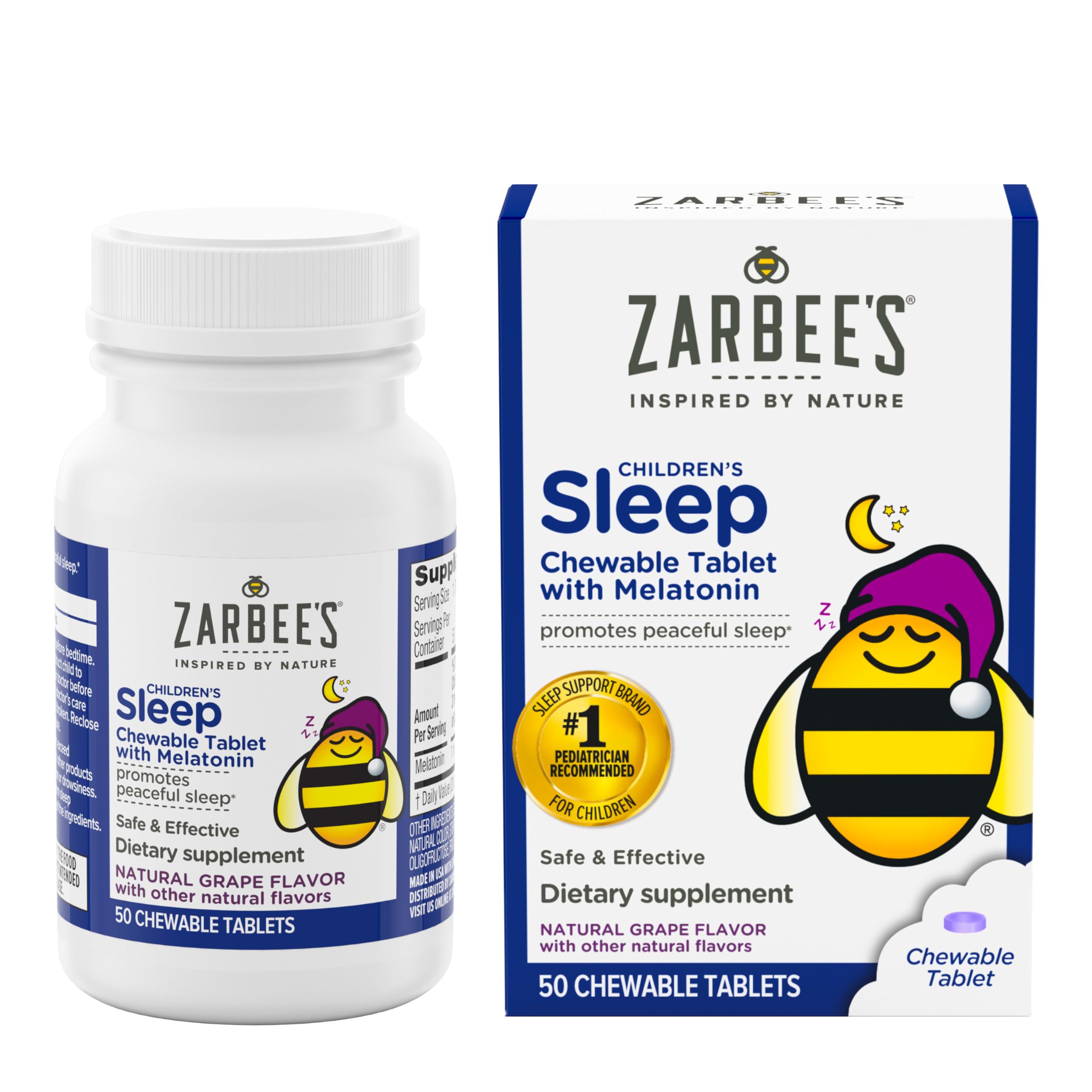 Zarbee’s Kids Melatonin Sleep Aid Chewable Tablets, 1 mg, Drug & Alcohol-Free, Non-Habit Forming, Natural Grape Flavor, No Artificial Sweeteners or Dyes, Gluten Free, Ages 3+, 50 Ct Bottle