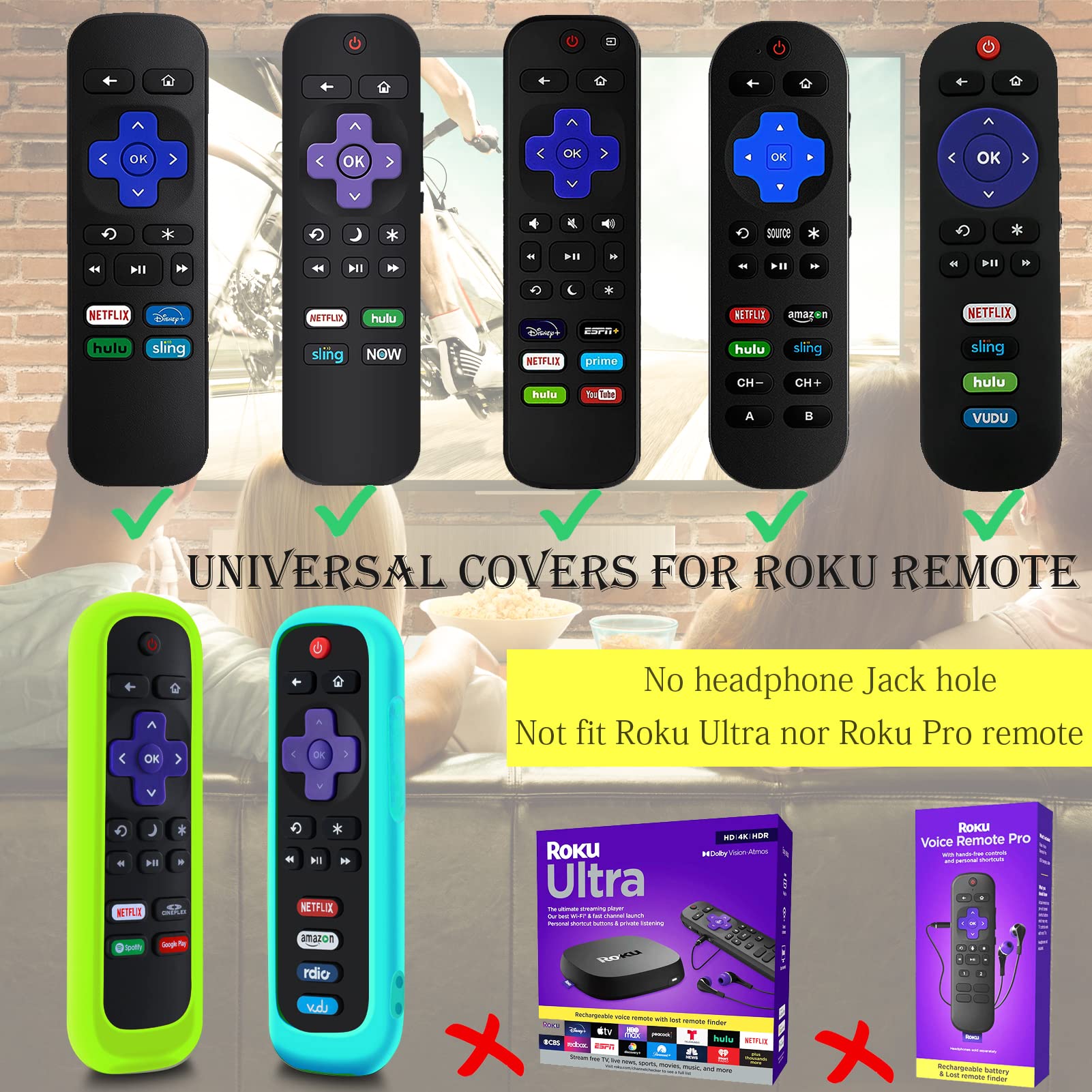 4Pack Case for Roku Remote, Cover for Hisense/TCL Roku TV Steaming Stick/Express Universal Replacement Controller Silicone Sleeve Skin Glow in The Dark Green Sky Purple Red