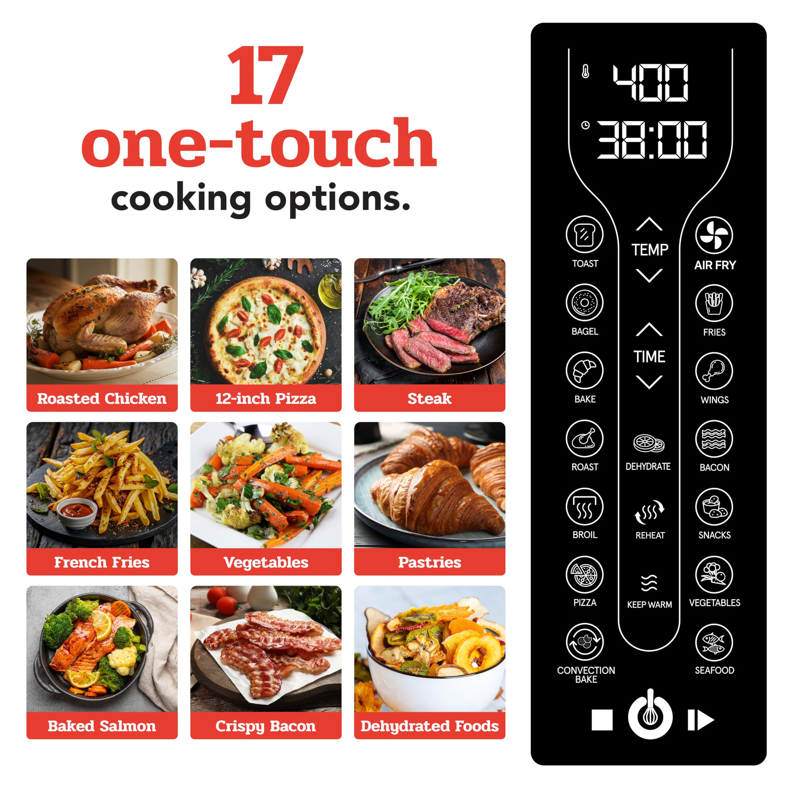 Gourmia Toaster Oven Air Fryer Combo 17 cooking presets 1700W french door digital air fryer oven 24L capacity accessories, convection rack, baking pan tray recipe book GTF7460,Large,Black