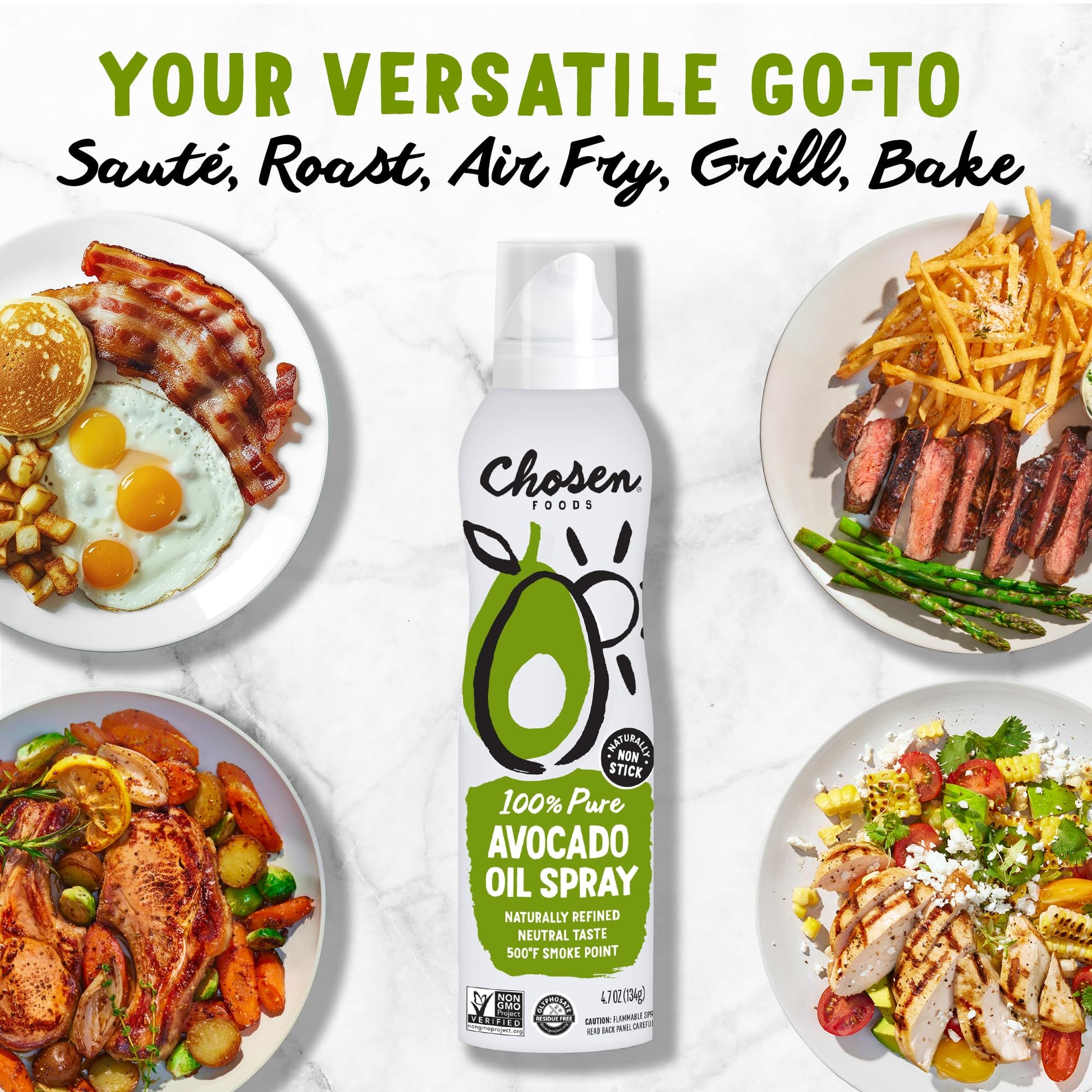 Chosen Foods 100% Pure Avocado Oil Spray, Keto Diet Friendly, Kosher Cooking Spray for Baking, High-Heat Cooking and Frying (6 oz, 3 Pack)