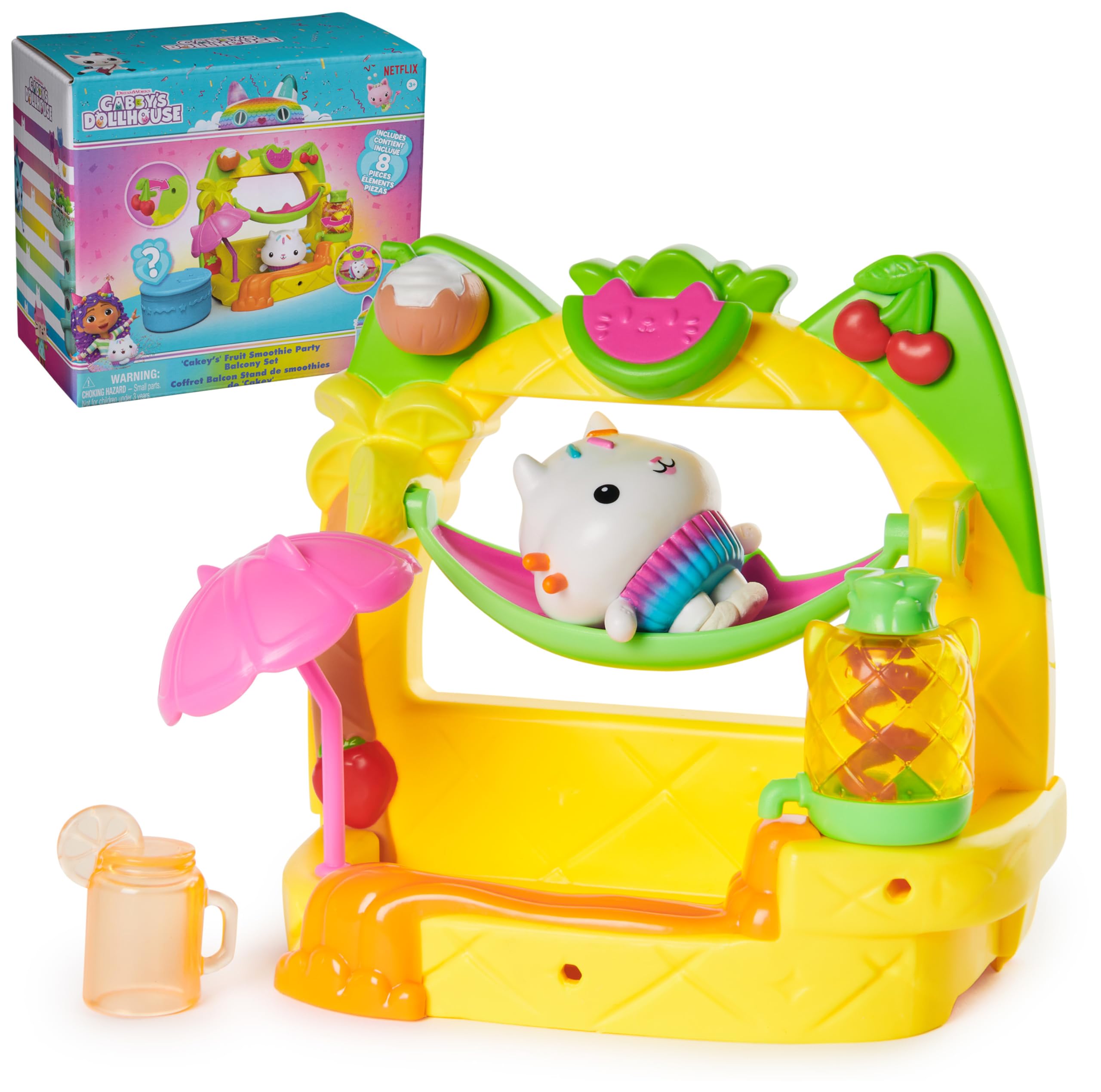 Gabby's Dollhouse, Cakey's Fruit Smoothie Balcony Playset, 8-Pcs with Toy Figures, Dollhouse Accessories & Sensory Play, Kids Toys for Girls & Boys 3+