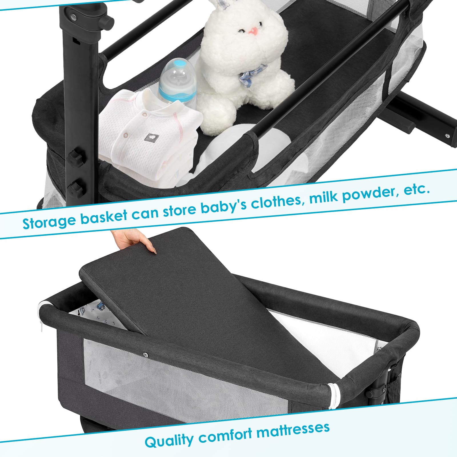 YADAQE Baby Bassinet, Baby Basinet Bedside Sleeper, Easy to Fold Portable Crib Side Bassinet 2025new Style Girl/boy bassinets (Dark Gray)