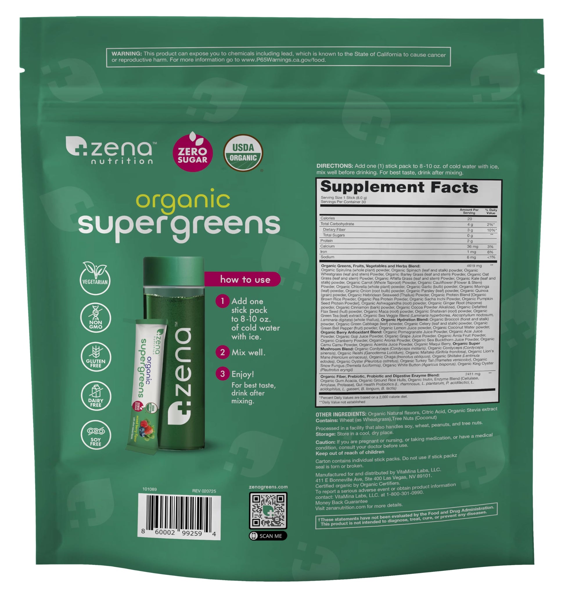 Zena Nutrition Organic Super Greens Powder, 70+ Superfoods, 0 Sugar, 3G Fiber, Spirulina, Chlorella, Antioxidants, Prebiotics/Probiotics, Digestive Enzymes, Mixed Berry, 30 Drink Mix Packets