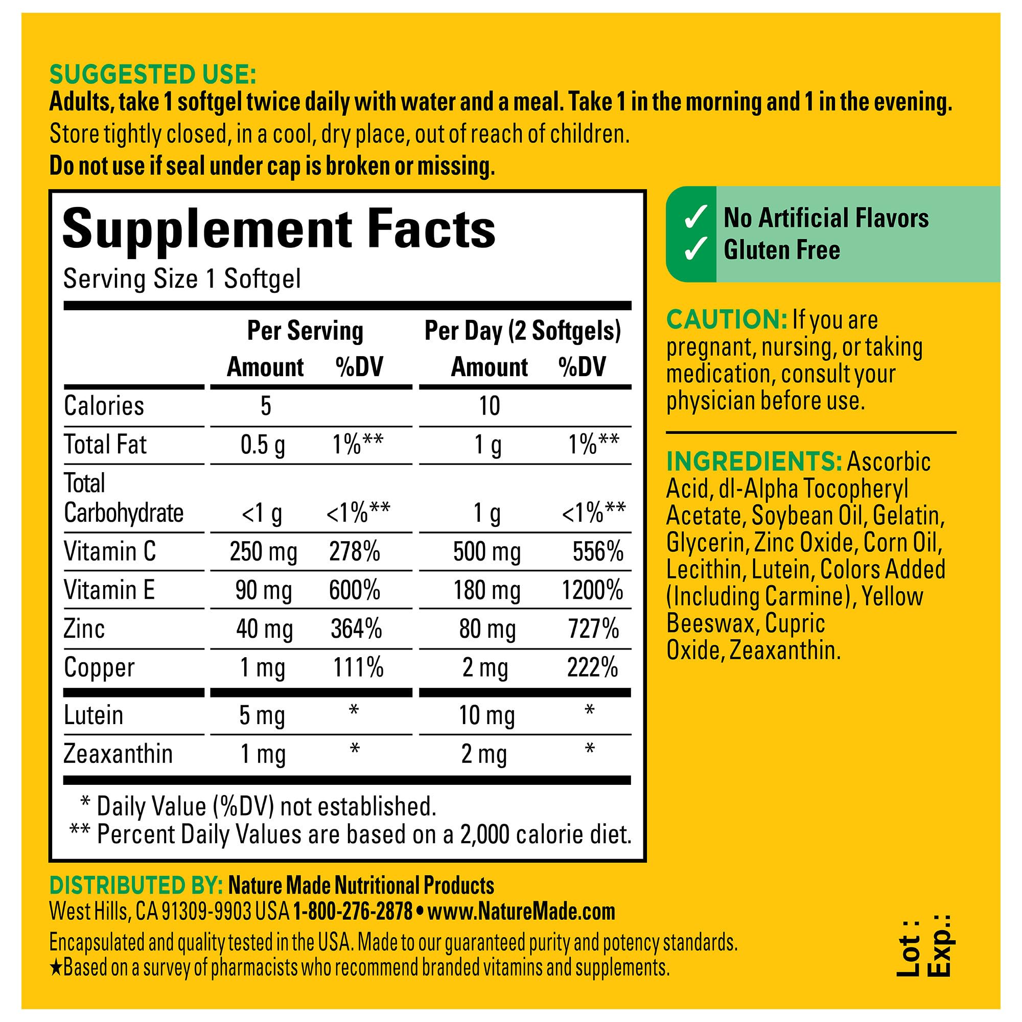 Nature Made Vision Based on the AREDS 2 Formula, Eye Vitamins with Lutein & Zeaxanthin, Vitamin C, Vitamin E, Zinc and Copper for Healthy Vision and Eye Function Support, 60 Softgels, 30 Day Supply