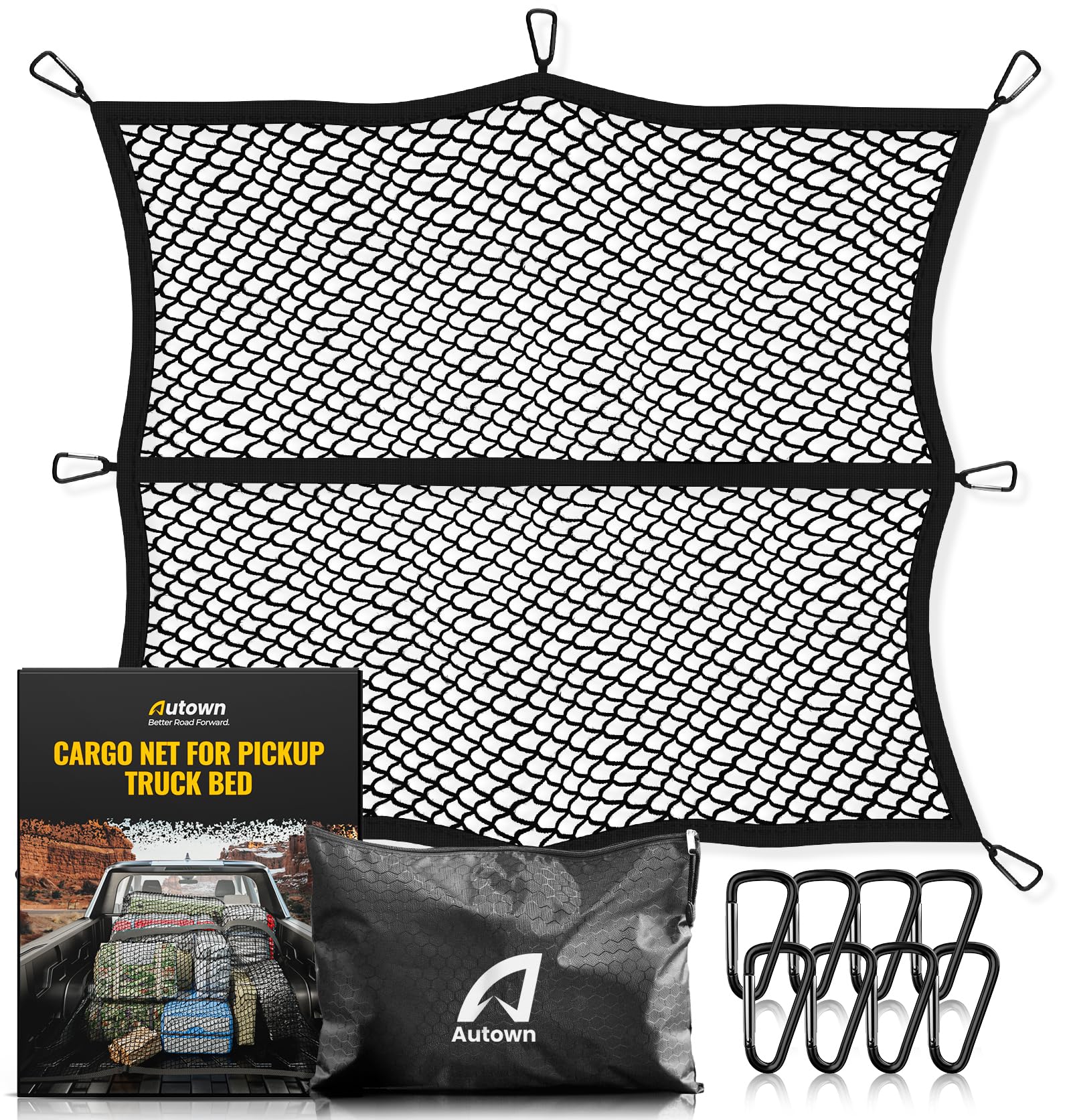 شبكة حمولة AUTOWN لسرير شاحنة البيك أب - قابلة للتمدد من 4'x4' إلى 7'x7', شبكة دقيقة عالية المرونة 1''x1'' مع 8 حلقات تسلق معدنية - مثالية للاستخدام في المركبات ATV و SUV و UTV والشاحنات والقوارب (طبقة واحدة)