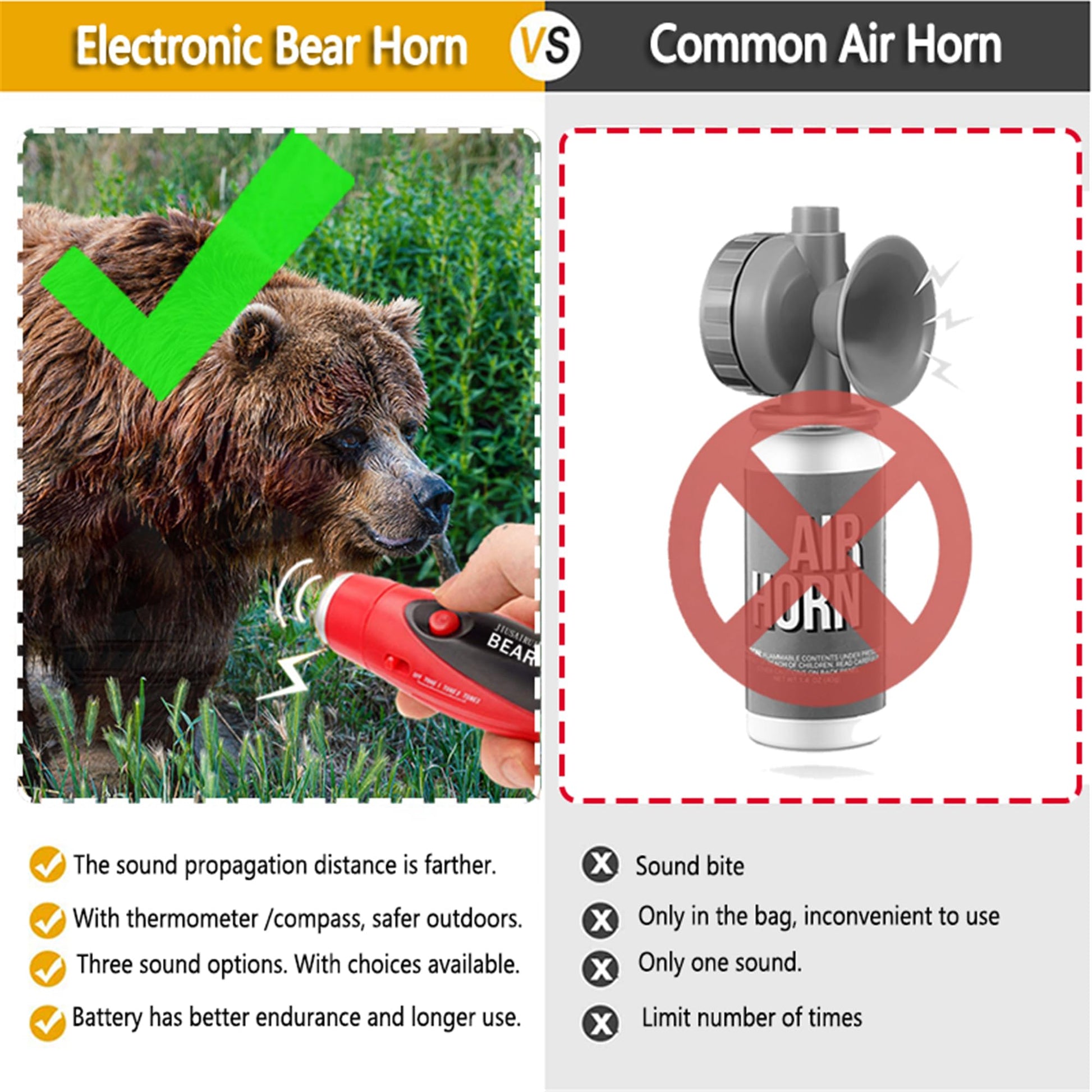 JIUSAIRUI 120dB Electronic Air Horn with Compass & Thermometer- Bear Horn to Scare Bears - Self Defense for Hiking