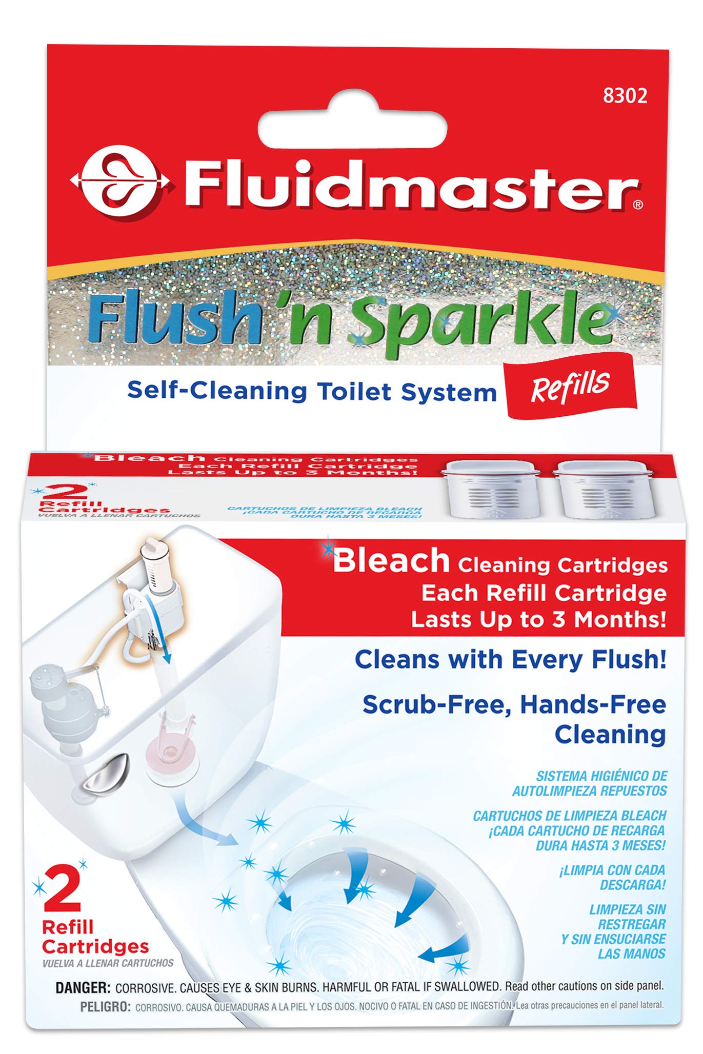 Fluidmaster 8302P8 Flush 'n Sparkle نظام تنظيف المرحاض الأوتوماتيكي، عبوات إعادة تعبئة بديلة للمبيض، عبوتان