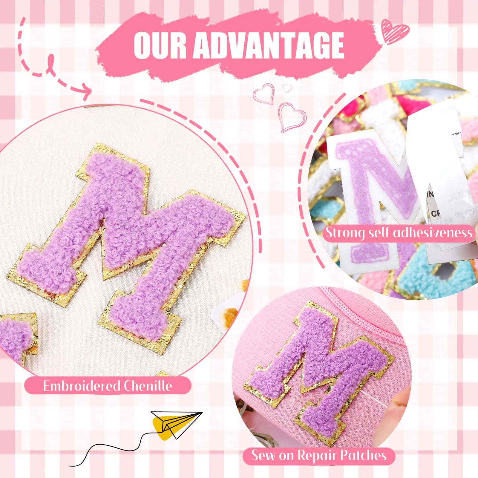 72 Pcs Preppy Chenille Patches Self Adhesive Embroidered for DIY Clothing,Include 52 A-Z Chenille Letter Patches Stickers,20 Rainbow Flower Lighting Bowknot Stick on Patches for Bags Backpacks Hats