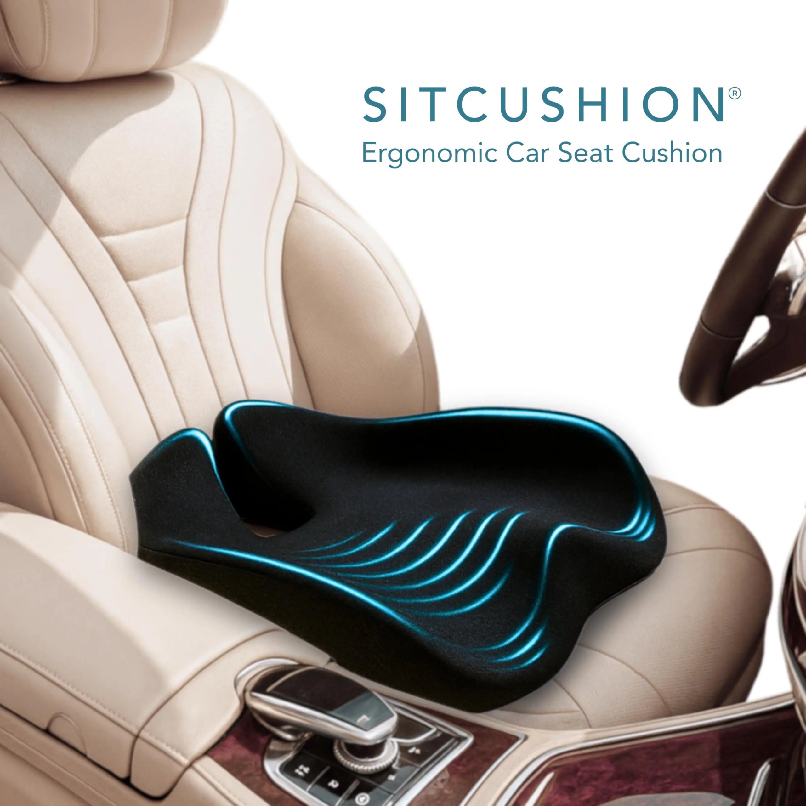 SitCushion Car Seat Cushion for Driving — Orthopedic Memory Foam Car Seat Pad for Sciatica, Tailbone, and Back Pain Relief for Long Drives. Bonus: with Extra Non-Slip/Washable Cover(Black)