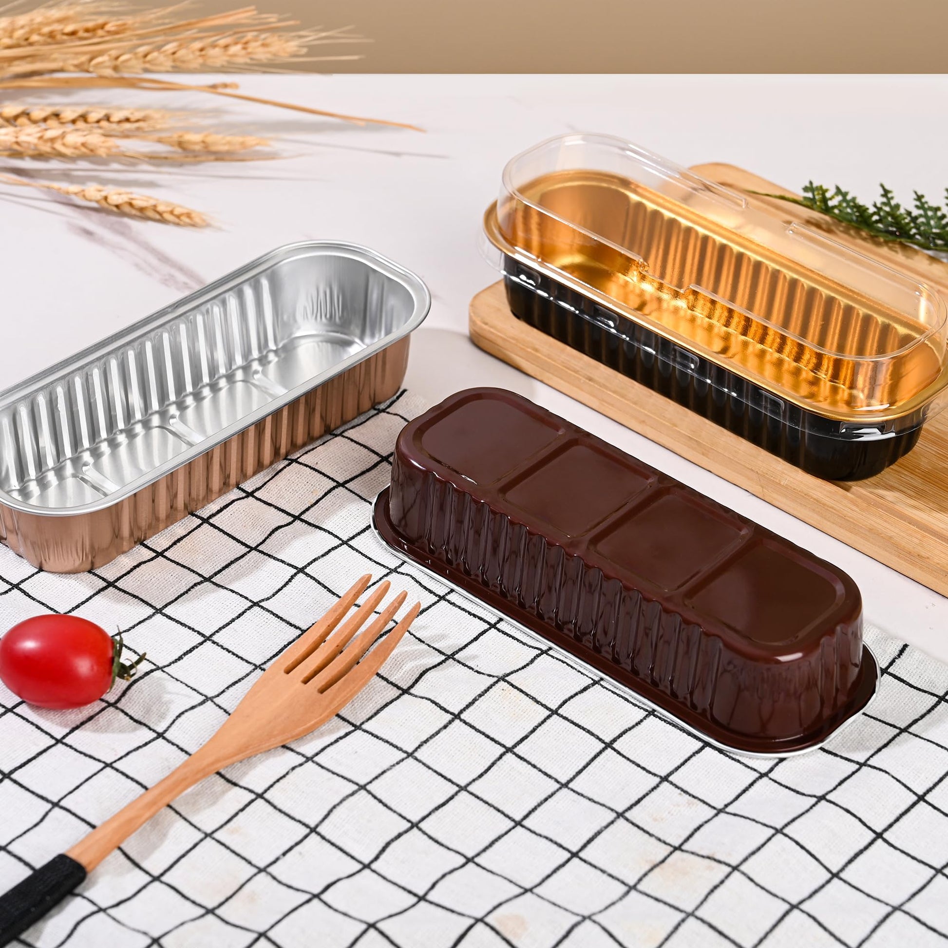 Mini Loaf Baking Pans with Lids and Spoons (50 Pack, 6.8oz) Rectangle Aluminum Foil Baking Pans Tins Containers - Cupcake Containers Wrappers Cheesecake Creme Brulee Ramekins