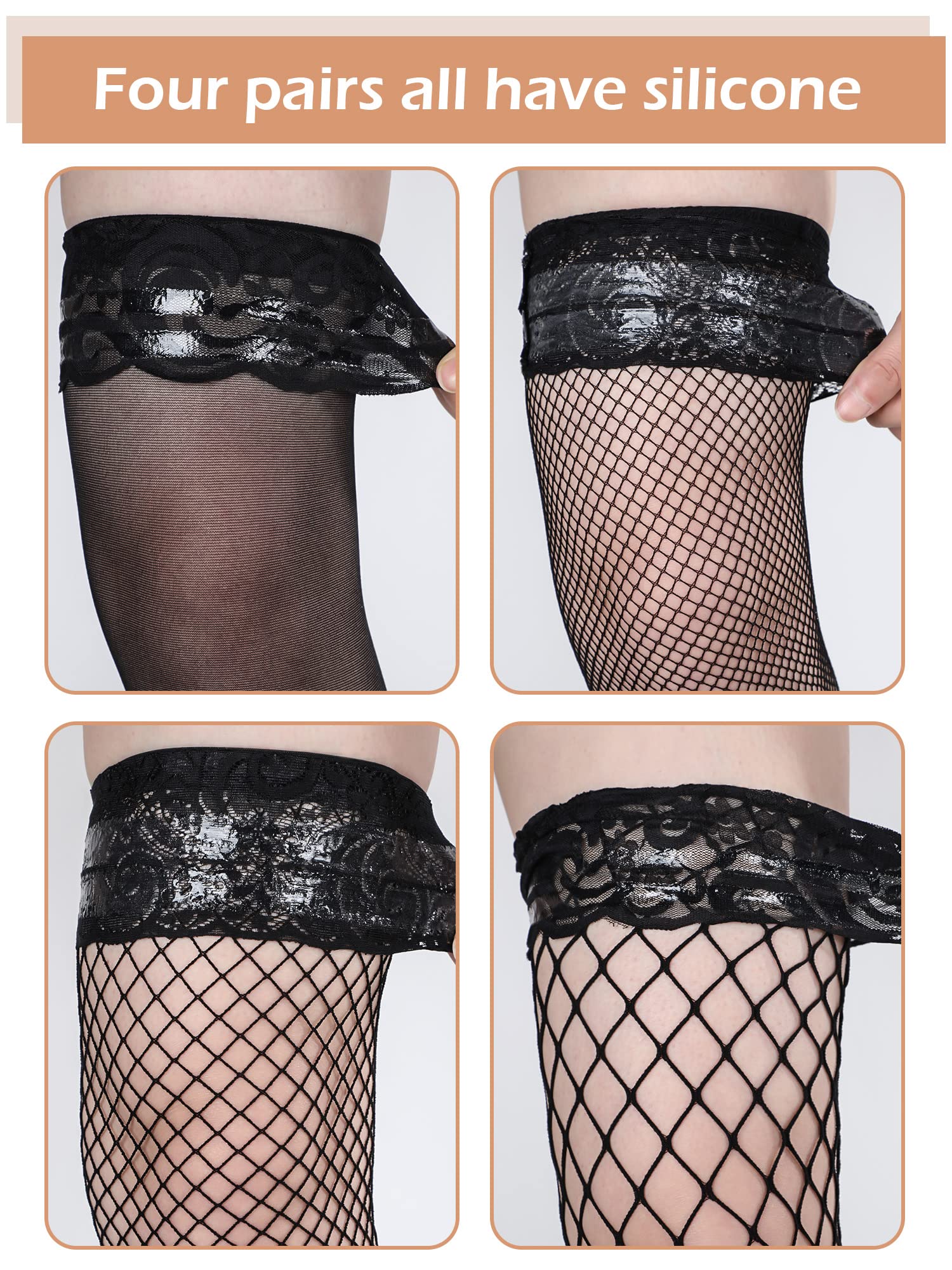 Bencailor 4 Pairs Fishnet Thigh High Stocking for Women Silicone Lace Top Sheer Over Knee Stockings(Black,Medium,Classic Style)