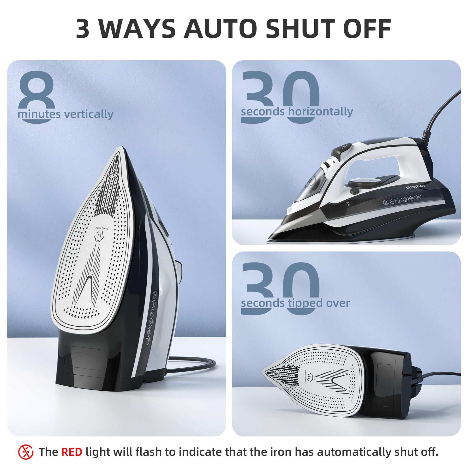 IRONDAY Steam Iron for Clothes Rapid Heating, 1700W Iron with Non-Stick Ceramic Soleplate, 3-Way Auto-Off, Burst of Steam, Self-Cleaning, 14.07oz Water Tank Ironing Clothes for Home, Grey