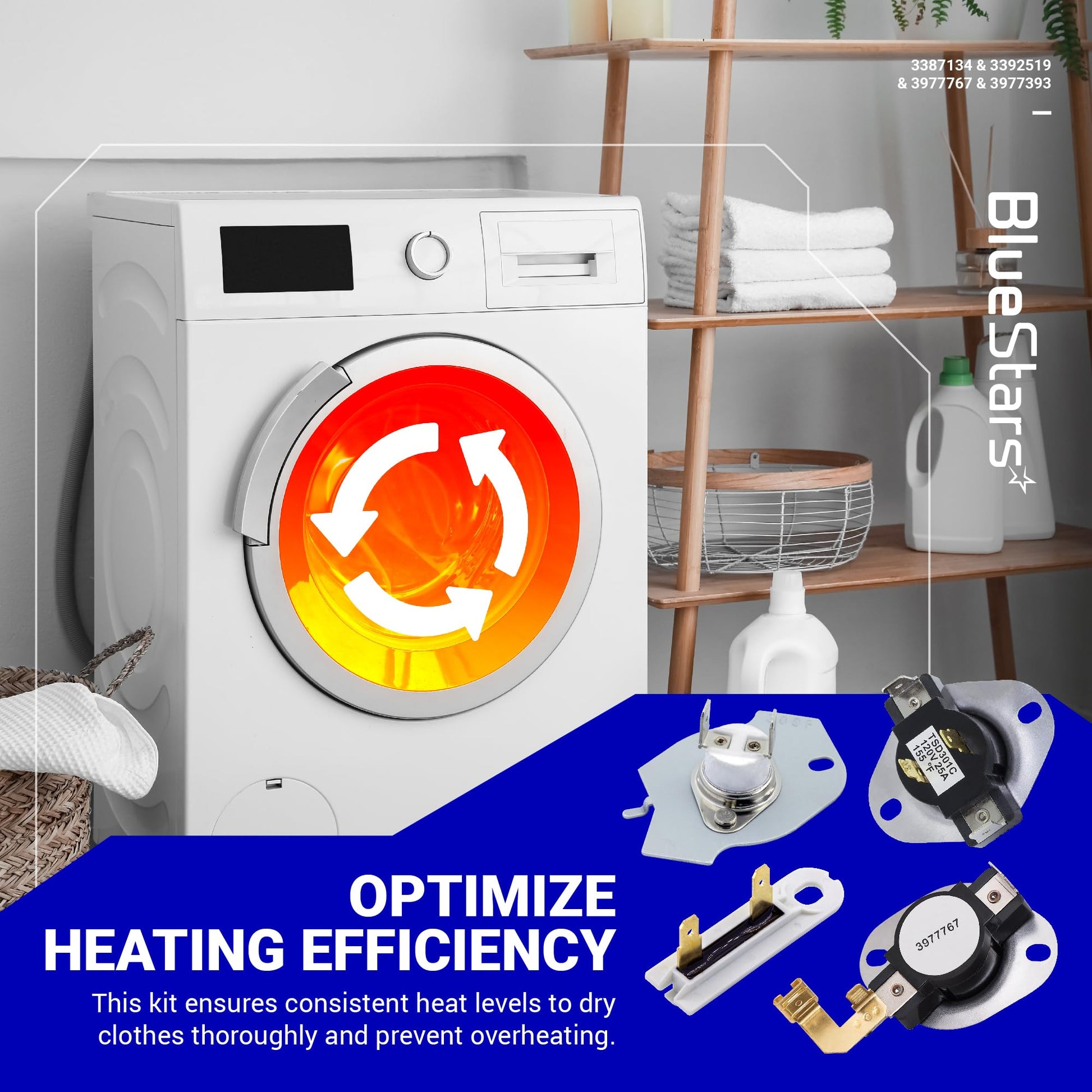 BlueStars [LIFETIME WARRANTY] 3387134 Cycling Thermostat 3392519 Dryer Thermal Fuse 3977393 Thermal Cut-off Switch 3977767 High-limit Thermostat Kit - Compatible with Whirlpool Kenmore Maytag Dryers