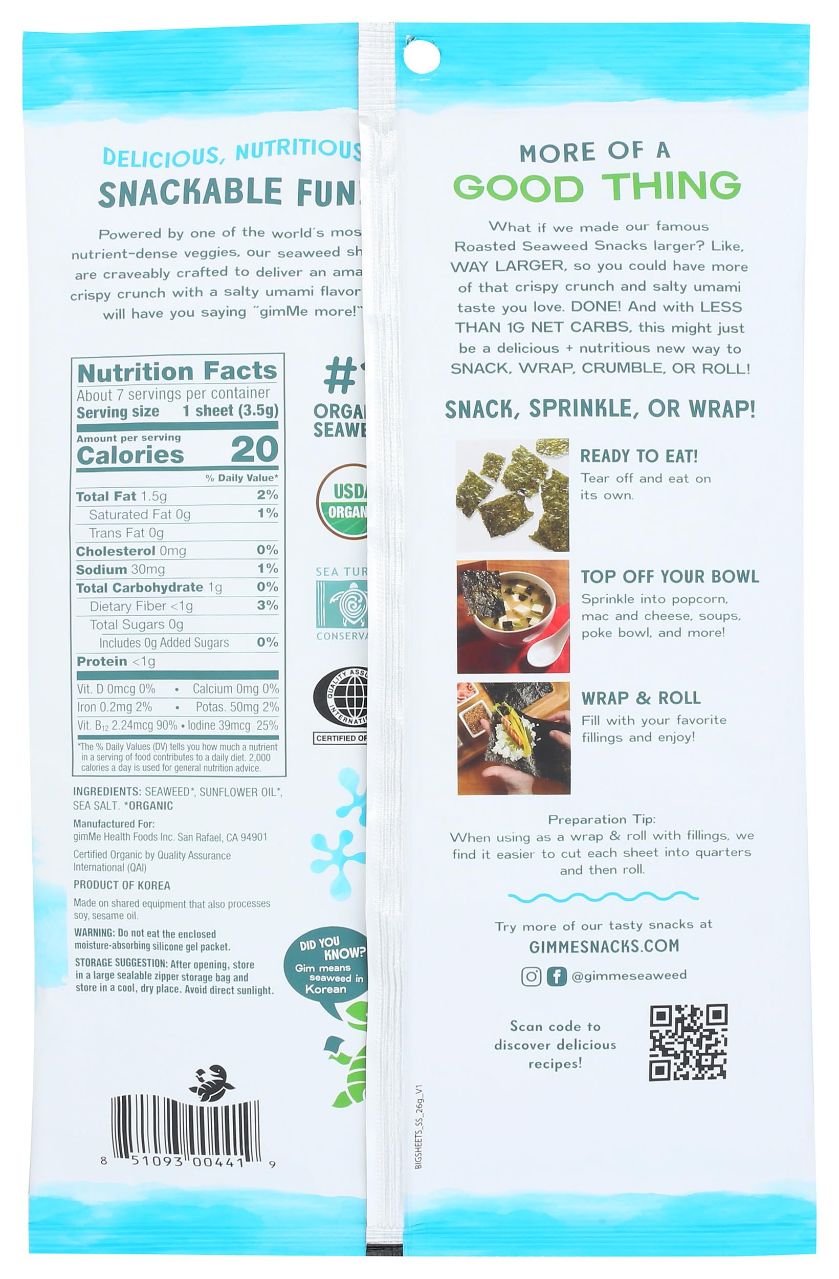 GIMME Organic Wrap N' Roll Roasted Seaweed Sheets, 0.92 OZ