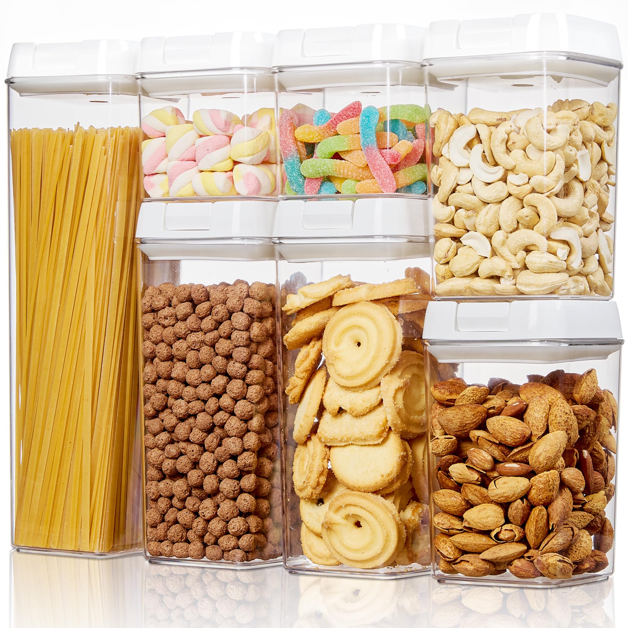 Vtopmart Airtight Food Storage Containers, 7 Pieces BPA Free Plastic Cereal Organizer Canisters with Easy Lock Lids, for Kitchen Pantry Organization, 24 Labels, White