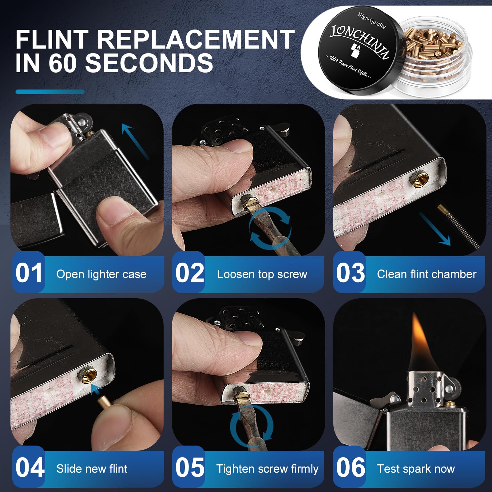 Lighter Flints 100 Pcs, Premium Flint Replacement Refills, Multi-Brand Compatible with Zippo and Clipper, Most Lighters, Long-Lasting, Fast-Igniting and Durable JONCHINJN