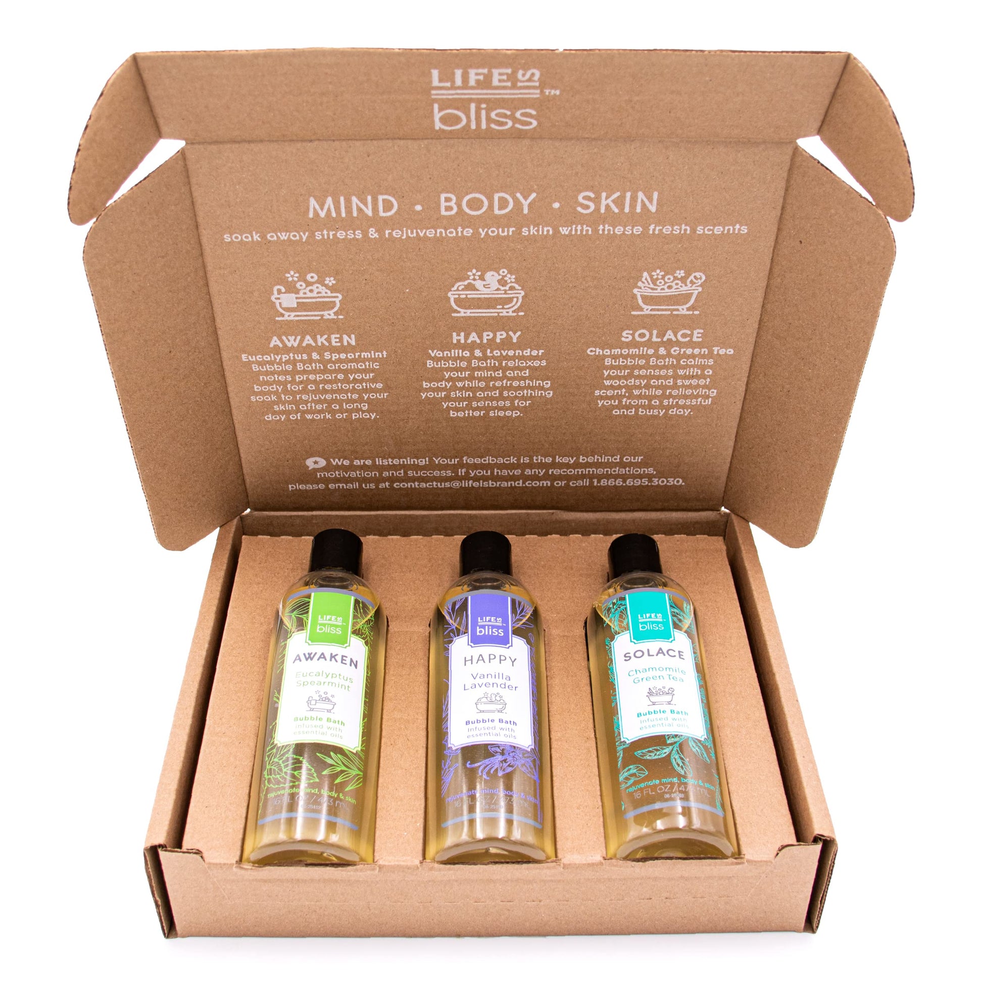 Life is Bliss | 3 Fresh & Soothing Scents | Variety Pack | Liquid Bubble Bath 16 fl oz
