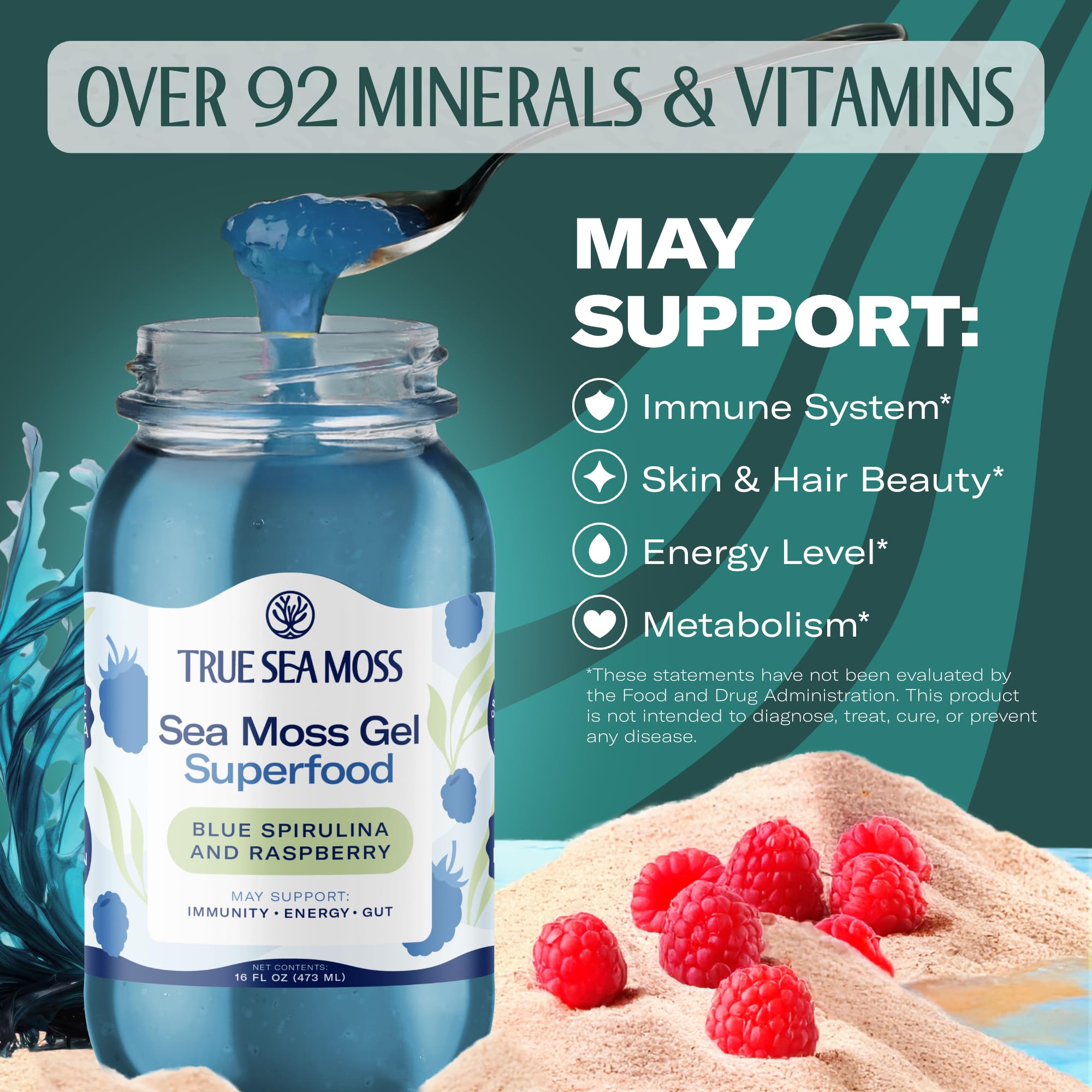 TrueSeaMoss Sea Moss Gel – Made in USA – Wildcrafted Seamoss, Fresh Fruits & Sea Vegetables – Blue Spirulina, Pack of 1 (Labels may Vary)