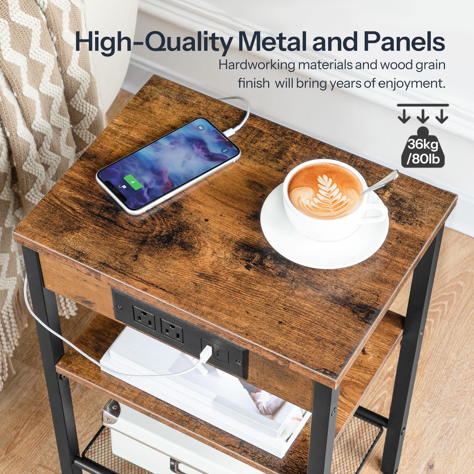 HOOBRO Side Table with Charging Station and USB Port, Small End Table for Small Space, 3-Tier Nightstand with Adjustable Shelf, for Living Room, Bedroom and Balcony, Rustic Brown BF112BZ01