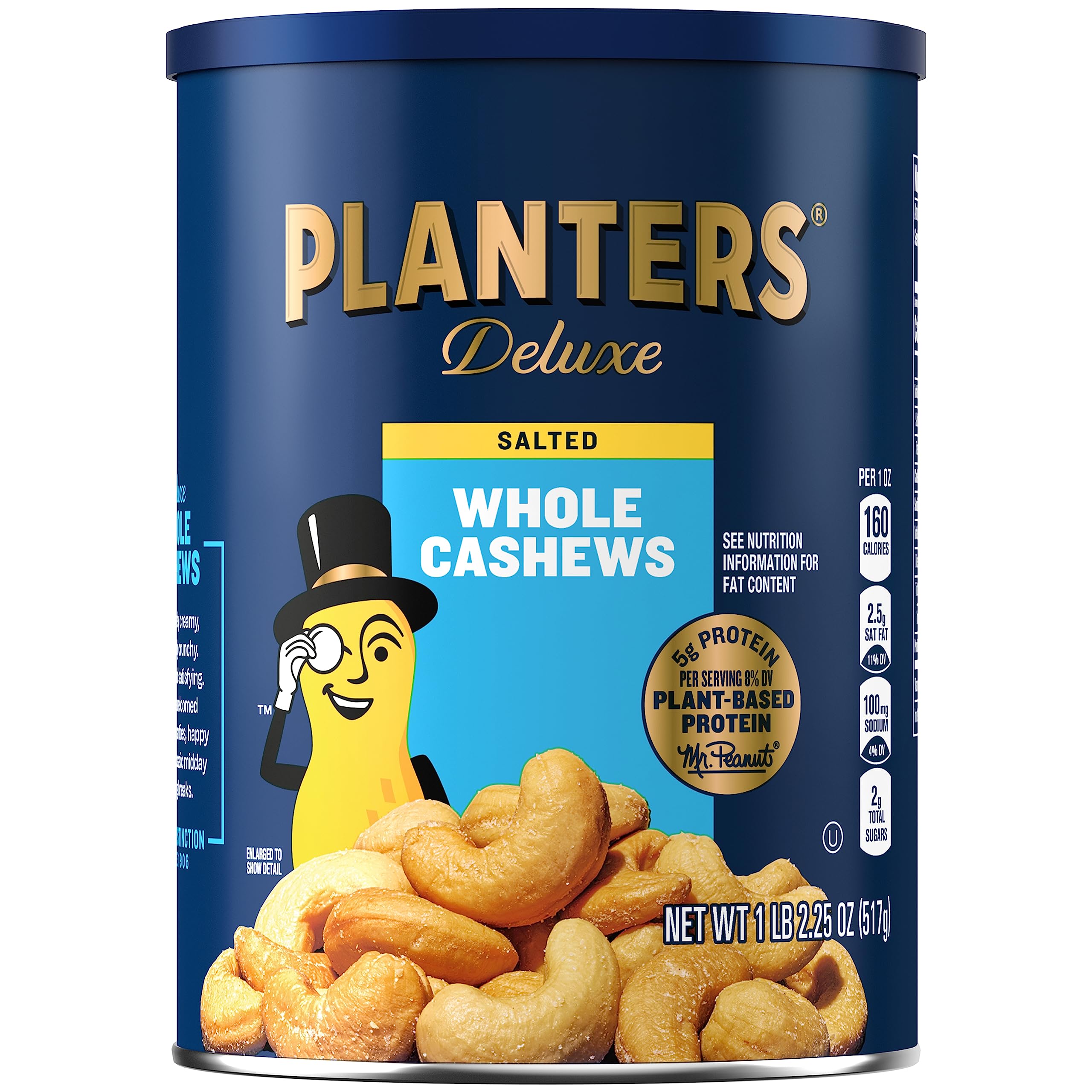كاجو ديلوكس مملح كامل من PLANTERS، وجبات خفيفة للحفلات، بروتين نباتي، وجبة خفيفة سريعة للكبار، وجبة خفيفة بعد المدرسة، كاجو محمص بنكهة ملح البحر، مكسرات سائبة، كوشير، علبة 1 رطل 2.25 أونصة