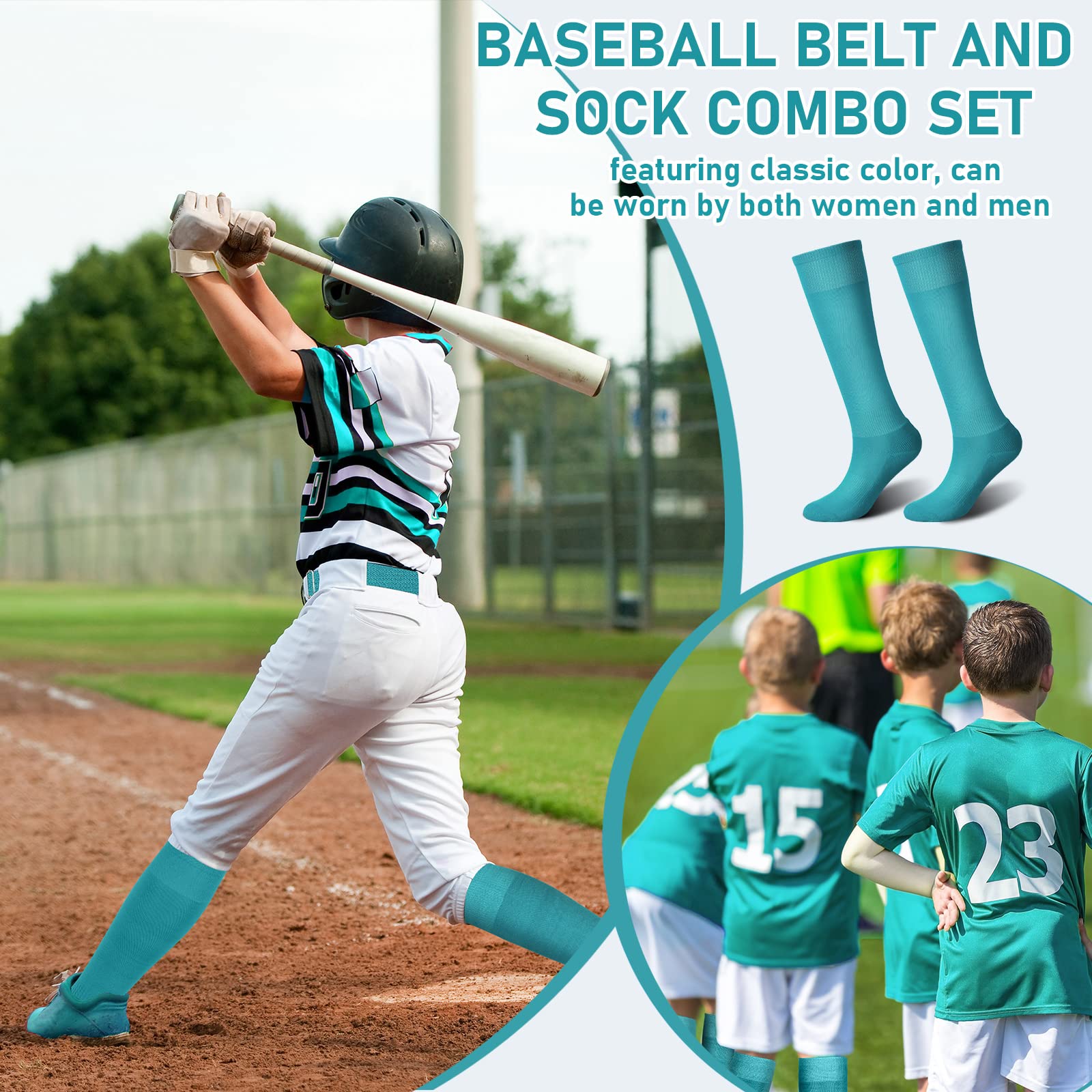 Zhanmai Baseball Belt and Socks Combo Adjustable Softball Socks and Elastic Waist Belt for Youth Boys Girls, Adult(Teal,Youth)