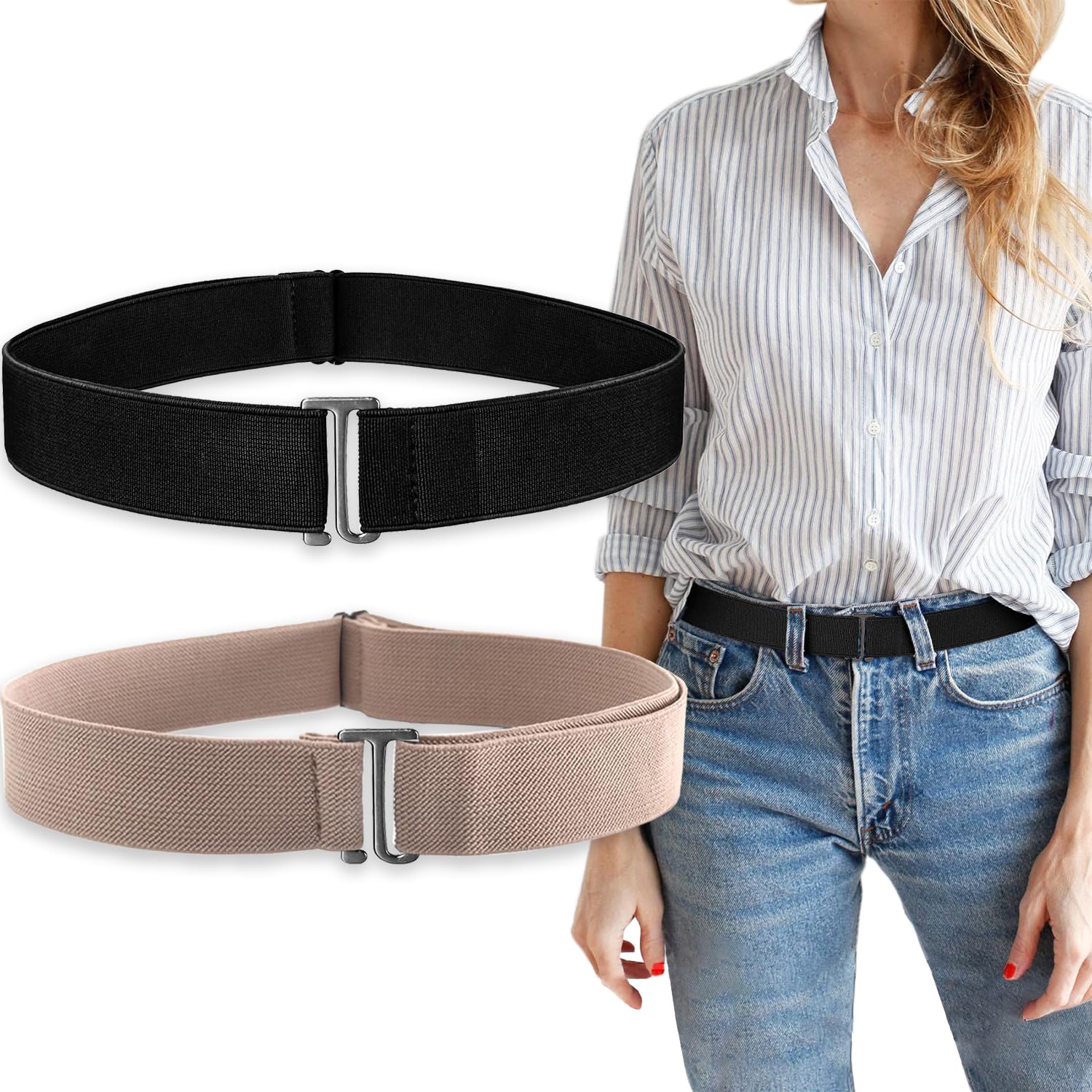 HAWOWZ 2Pcs No Show Stretch Belt for Women Invisible Elastic Belt Stretch, Adjustable Strap Belt with Flat Buckle for Jeans Pants Dresses