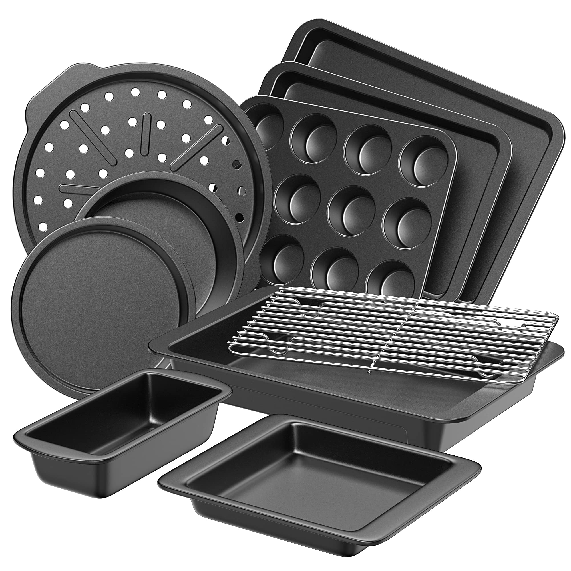 HONGBAKE Backformen-Set, Backformen-Set, antihaftbeschichtete Ofenpfanne für die Küche mit breiteren Griffen, 10-teilig inklusive Rost, Backblech, Kuchenformen, Kastenform, Muffinform, Pizzablech – Grau