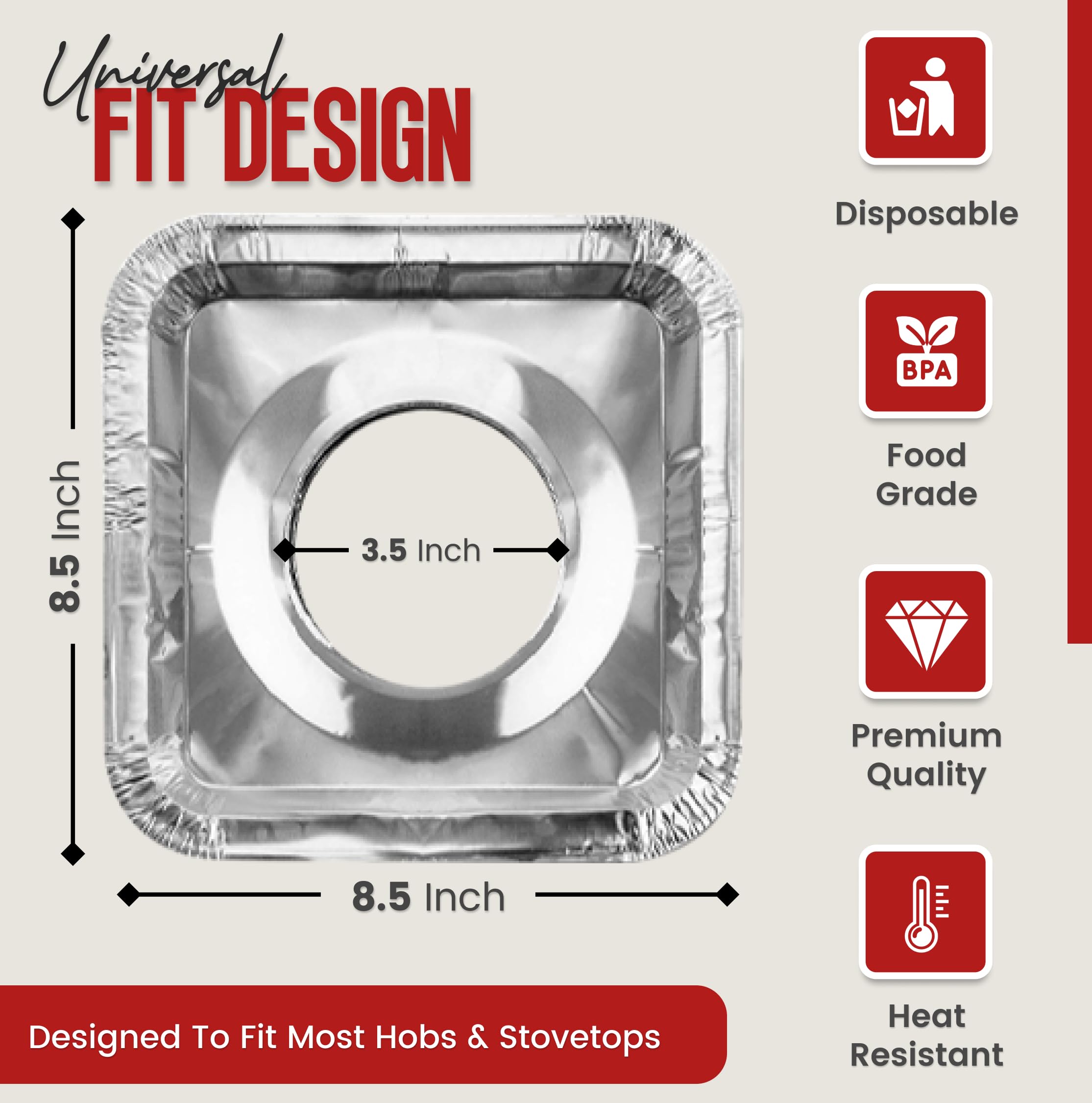 Gas Stove Burner Liners (50 Pack) - Disposable Aluminium Foil Covers, 8.5” Heat-Resistant Protector, Fits Gas or Electric Ranges, Thick Foil for Mess-Free Cooking, Perfect Stove Cover for Kitchen