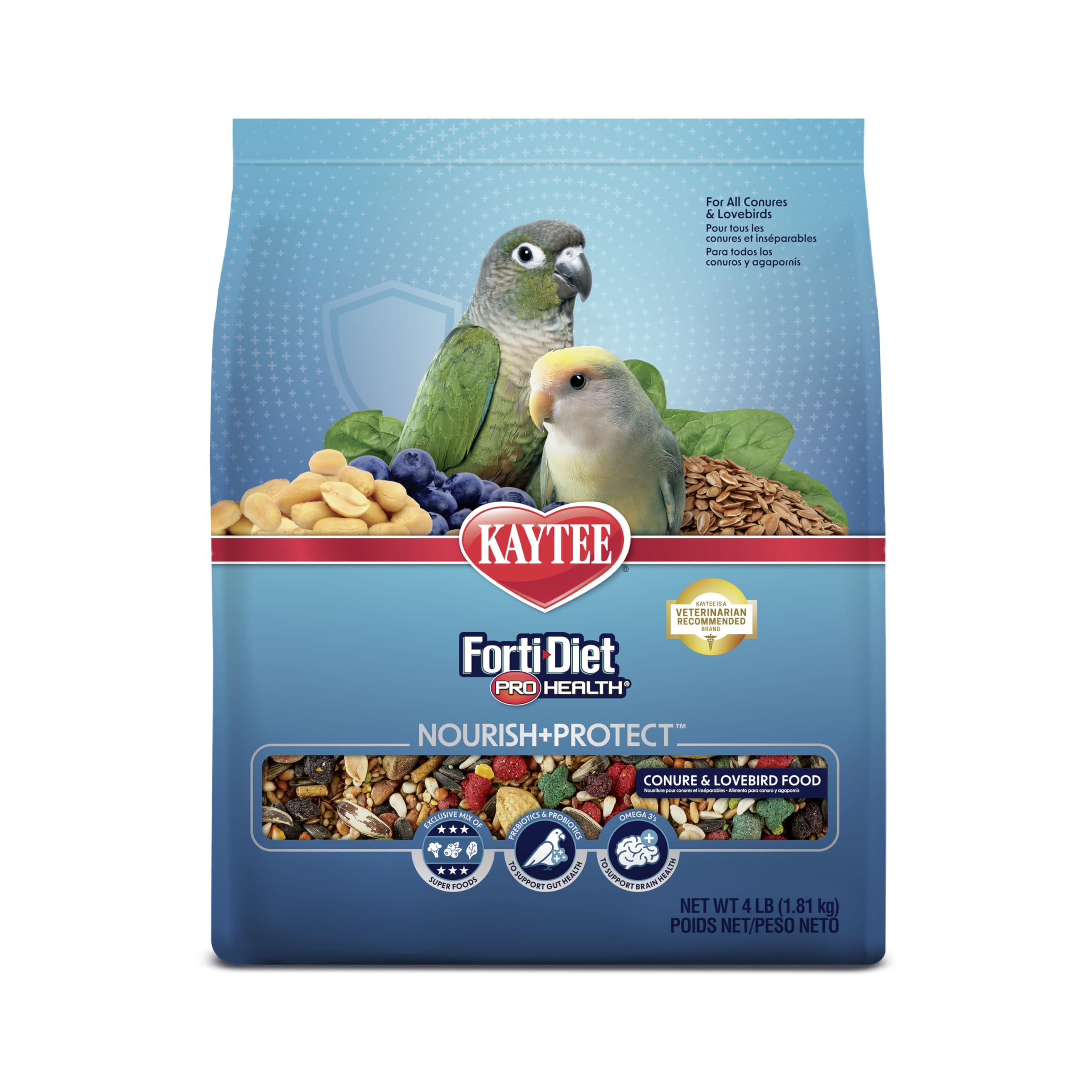 طعام Kaytee Forti-Diet Pro Health Nourish+Protect للكونيور وطيور الحب، تغذية شاملة مدعومة علمياً، صحة الجهاز الهضمي، دعم المناعة، 4 أرطال