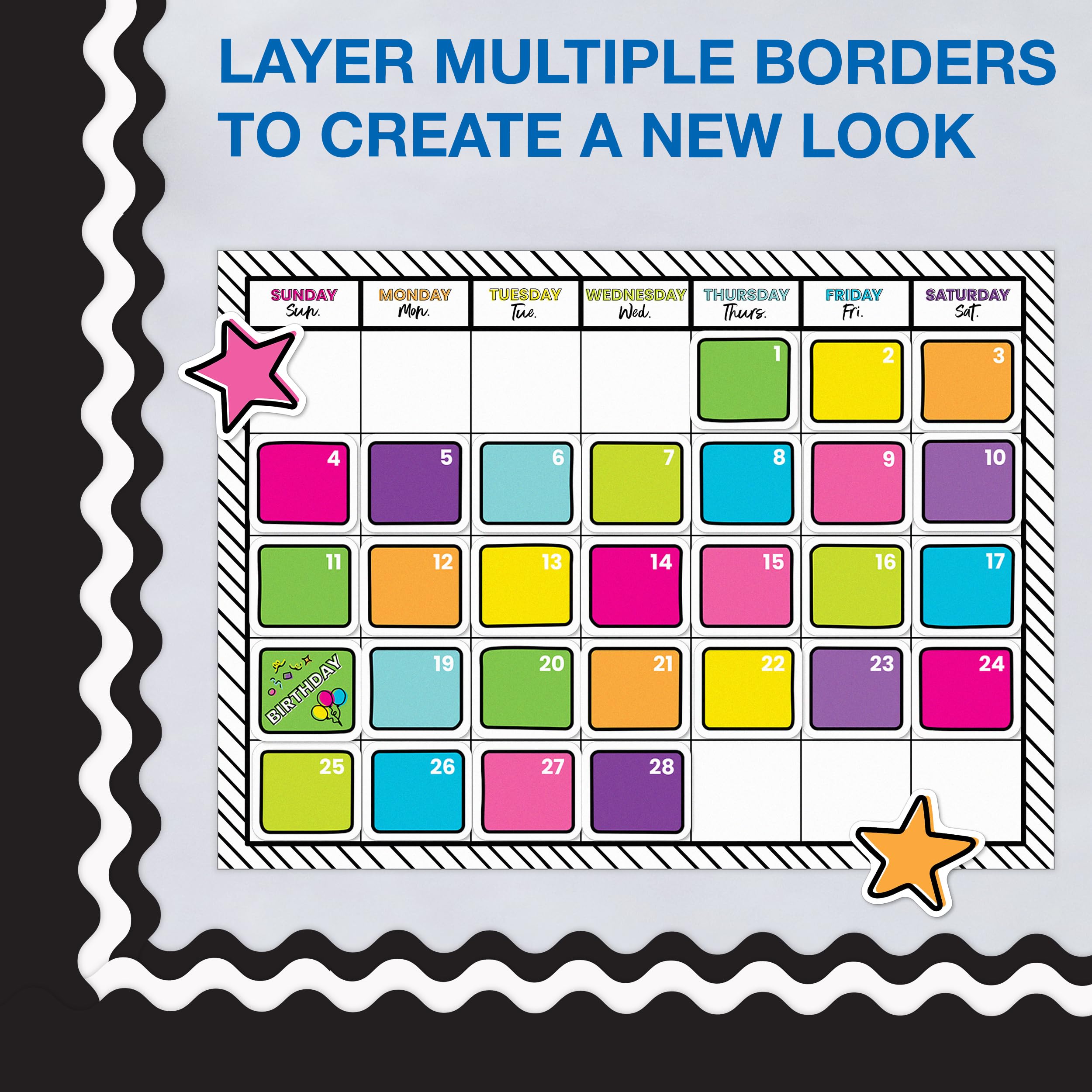 Carson Dellosa 65Ft of Black Bulletin Board Borders, 1 Roll of Scalloped Trim for Rolling Whiteboard, Cork and Posterboard, Party, Office Decorations, and Classroom Decor