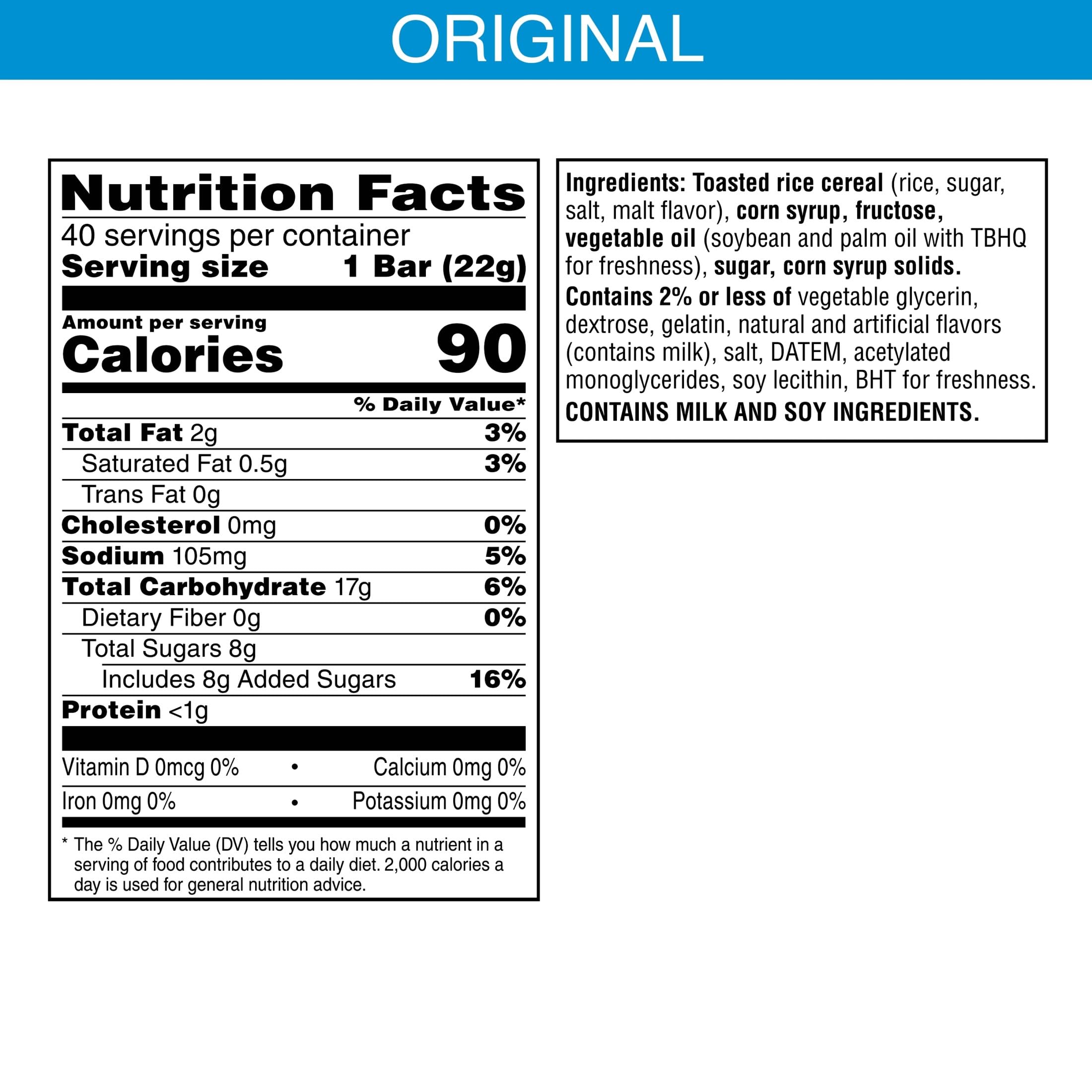 Rice Krispies Treats Crispy Marshmallow Squares, Kids Snacks, Snack Bars, Original, 31.2oz Box (40 Bars)