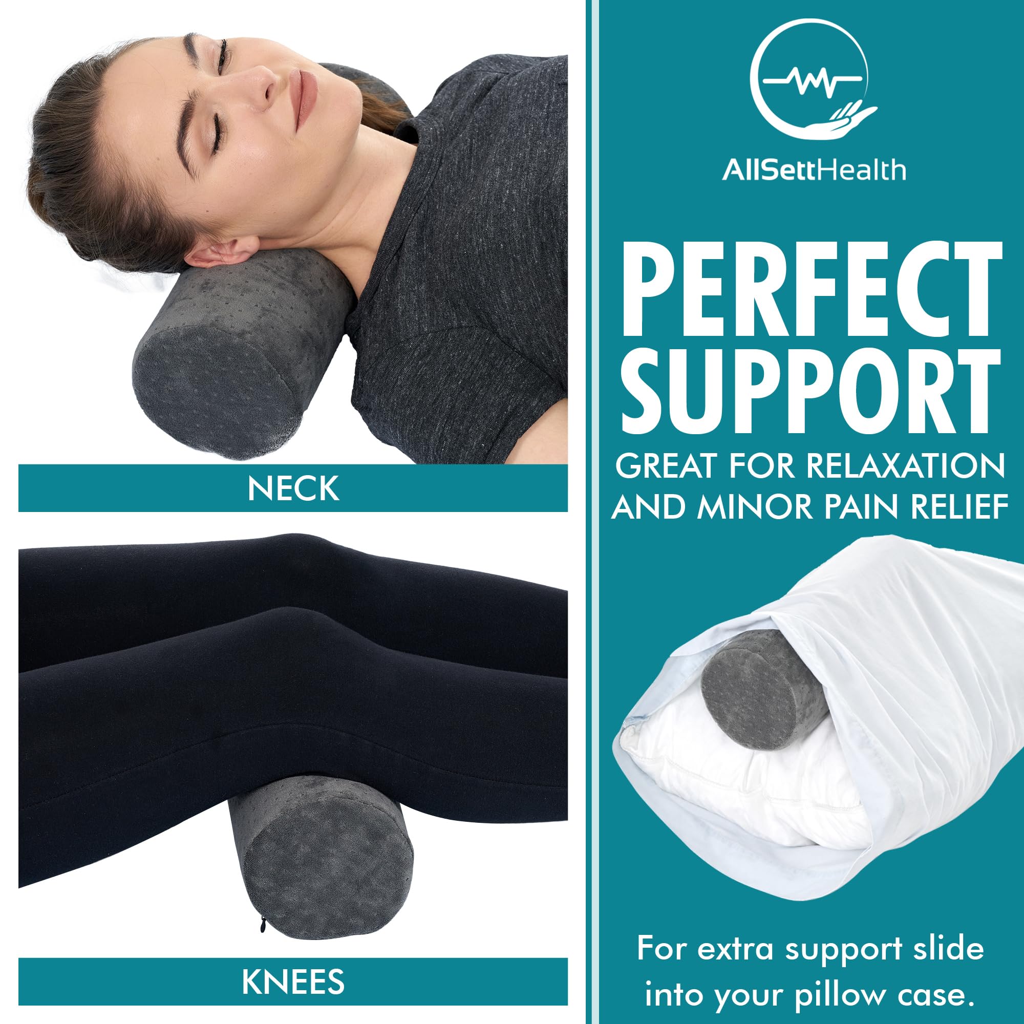 AllSett Health Round Cervical Roll Cylinder Bolster Pillow with Removable Washable Cover, Ergonomically Designed for Head, Neck, Back, and Legs, Grey