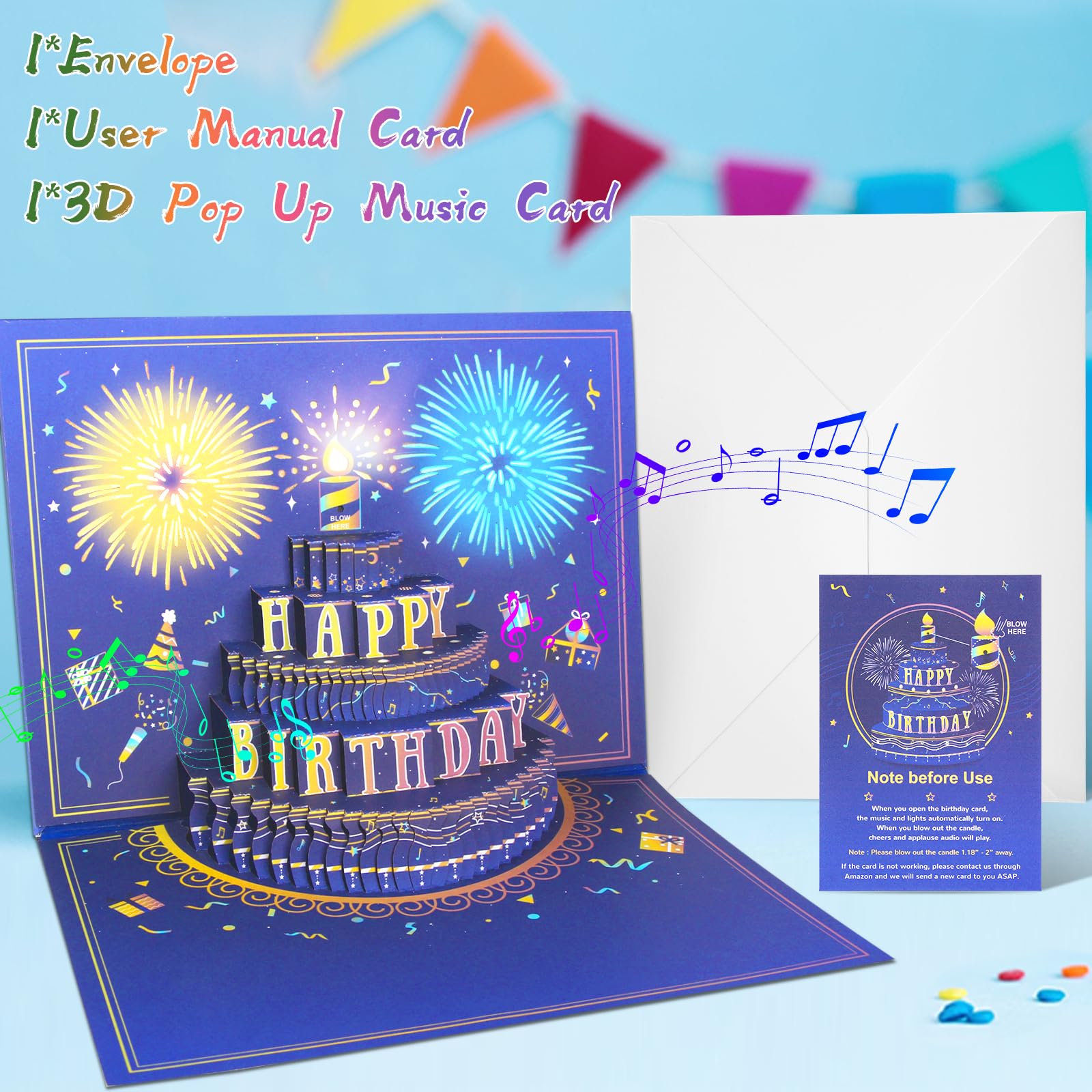 MZD8391 UPGRADED 3D Pop Up Firework Birthday Cards, Musical LED Lights Birthday Cards with Blowable Birthday Cake, Greeting Cards, Birthday Gifts for Mom Women Men Kids Child Dad Father Wife