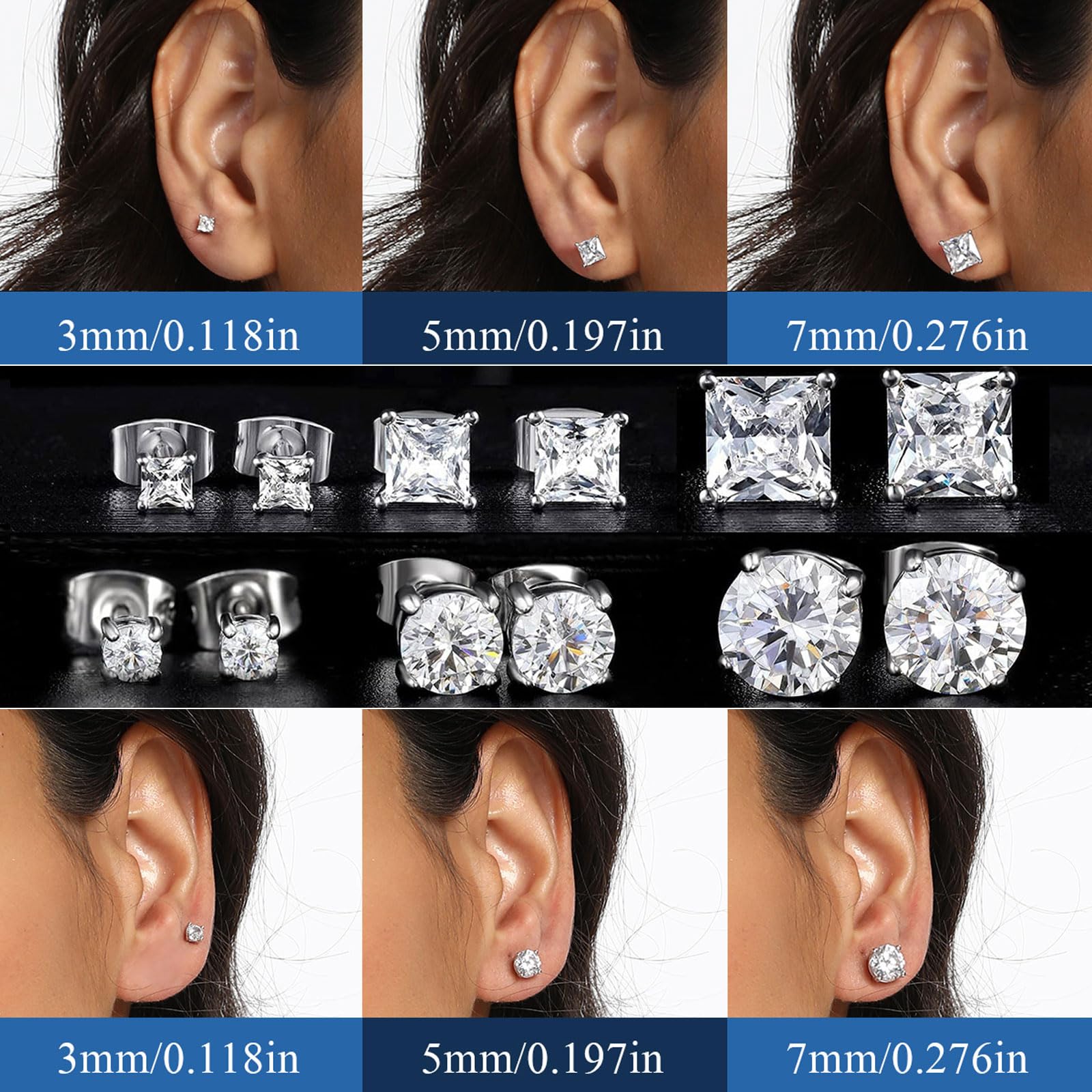6 Pairs Earrings Set for Men 316L Stainless Steel 3/5/7mm CZ Round and Princess Square Ear Piercing Studs Hypoallergenic Jewelry (white)