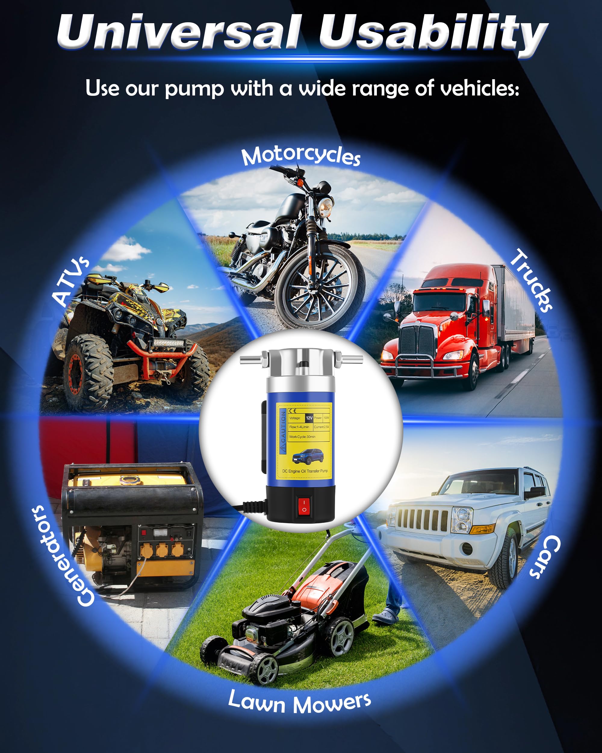 Oil Pump 12V 100W, Oil Extractor Pump for Engine Oil Change, Electric Fluid Transfer Pump for Motor Oil, Gear Oil, Transmission Fluid Removal, Self-Priming Oil Transfer Pump for Car, Mower, Marine