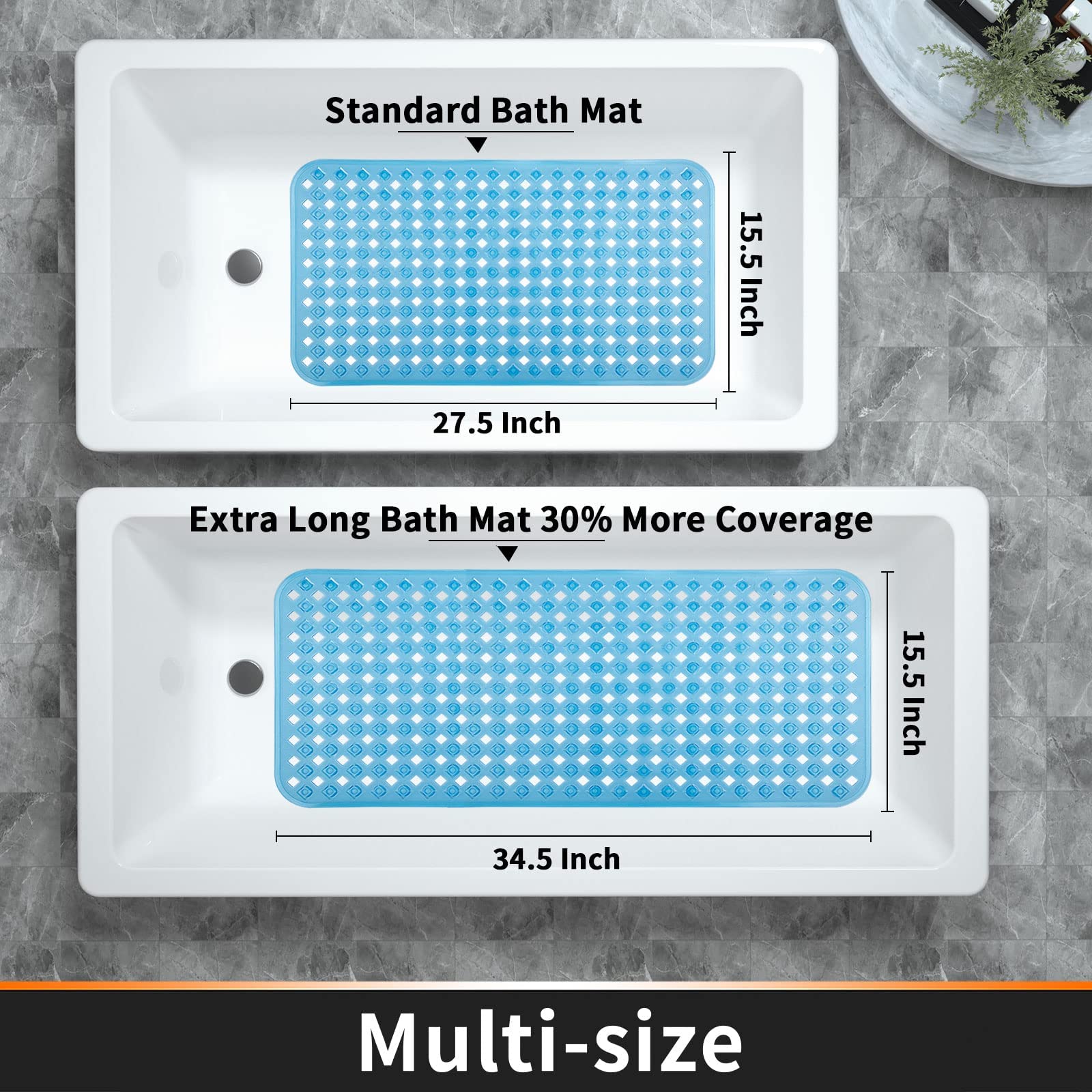 Yimobra Non Slip Bath Mat, Super Strong Suction Cups,34.5"x15.5"Long Tub Mat with Drain Holes, Machine Washable Fast Draining Shower Mats, Bathroom Essentials,Clear Blue