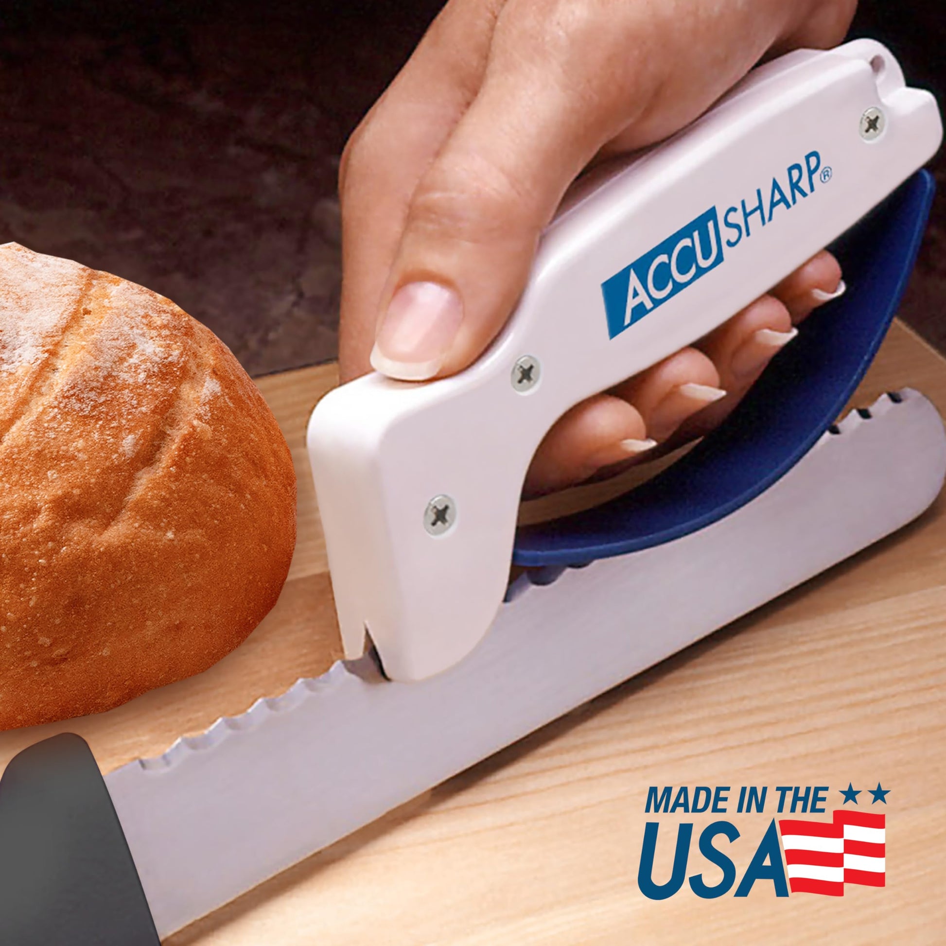 AccuSharp Knife Sharpener, Ergonomic Comfortable Handle, Compact & Easy to Use, Restore and Hone Straight & Serrated Knives, White