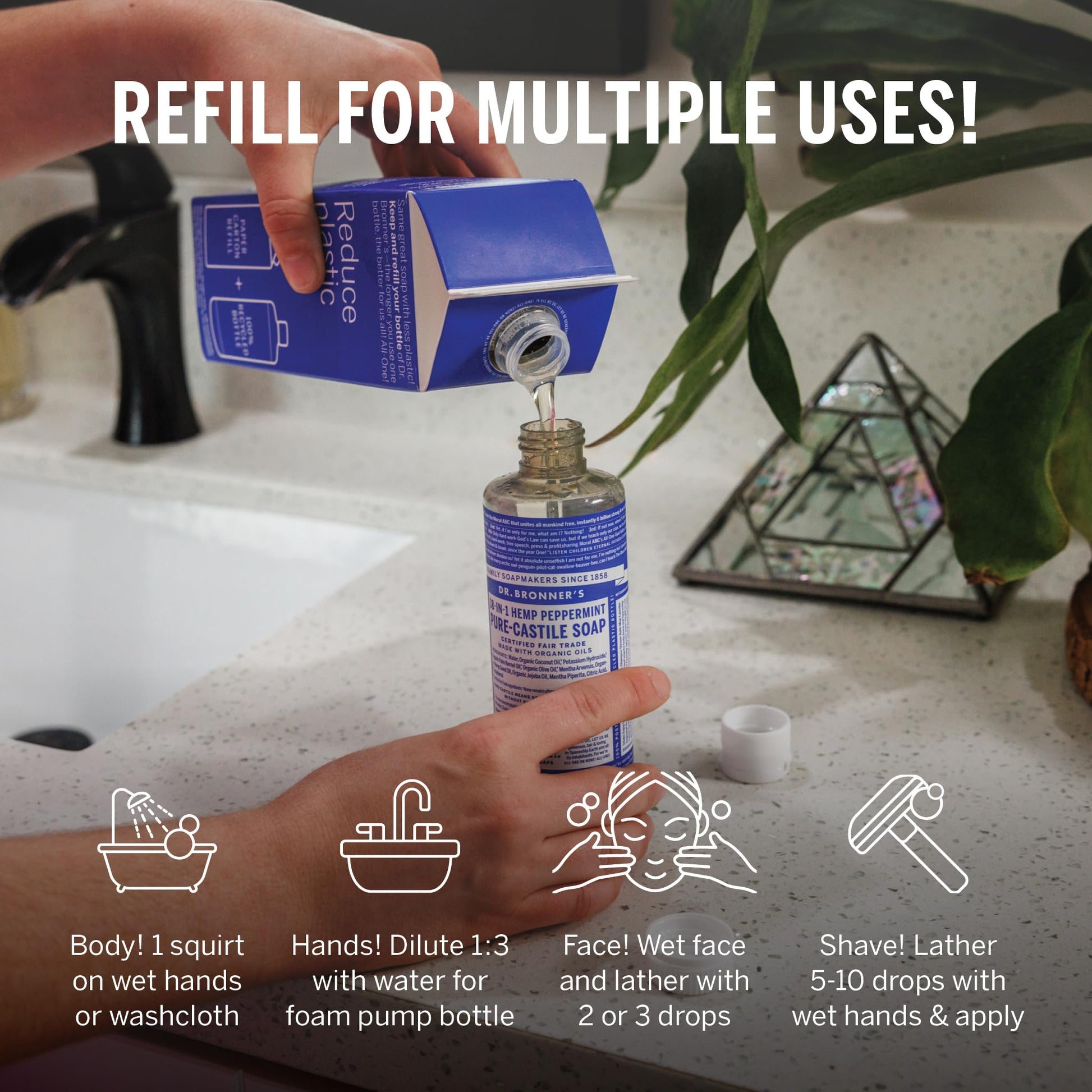 Dr. Bronner's Pure-Castile Liquid Magic Soap Bottle & Refill Carton - Made with Regenerative Organic Certified Oils- 18-in-1 Uses for Face, Body Wash, Hand Soap Refill- Peppermint, 32oz