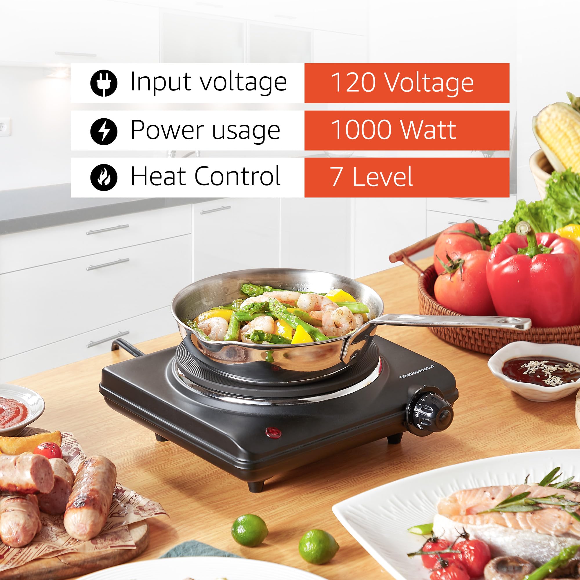 Elite Gourmet ESB-301BF# Countertop Single Cast Iron Burner, 1000 Watts Electric Hot Plate, Temperature Controls, Power Indicator Lights, Easy to Clean, Black
