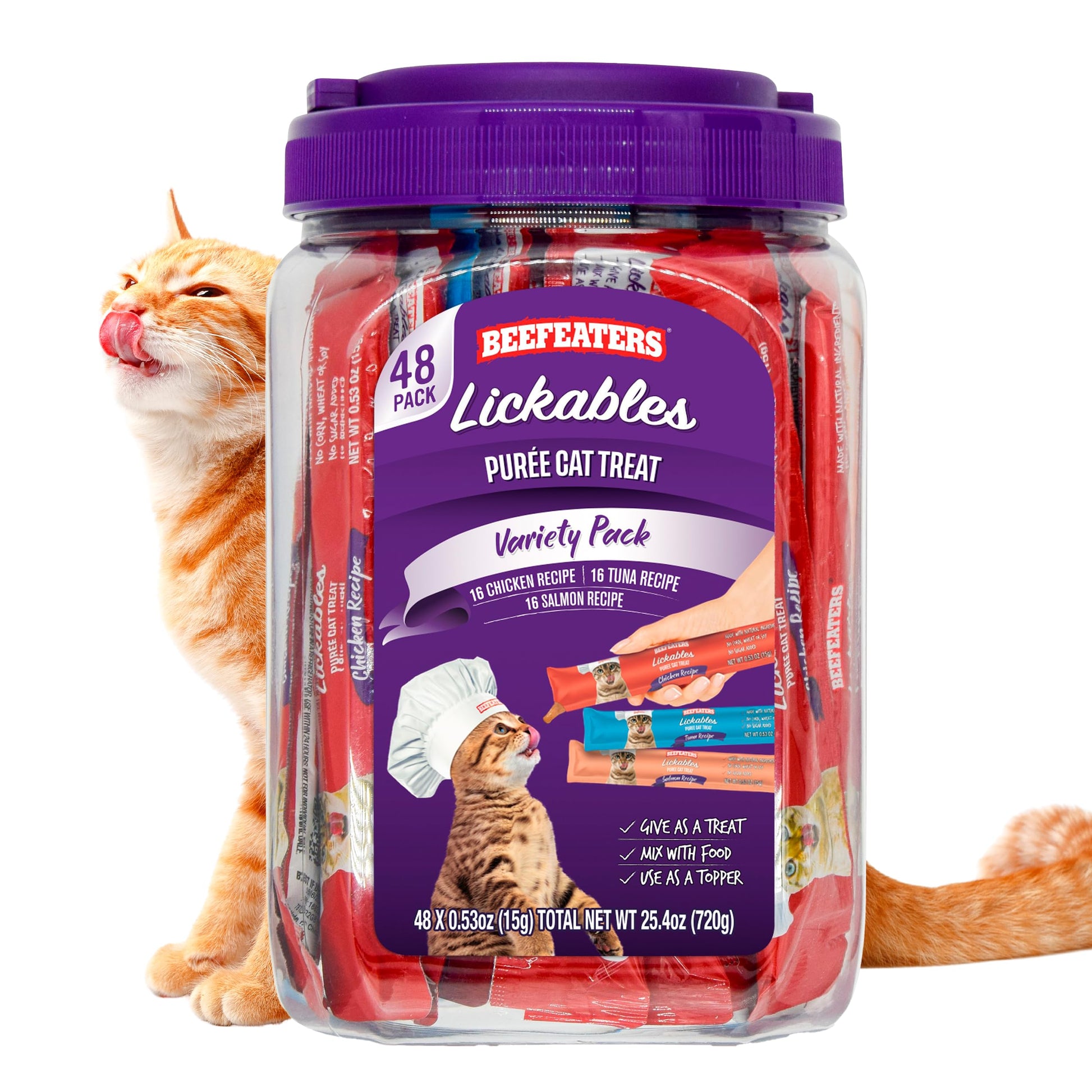 Beefeaters Cat Treats Variety Pack Lickable Puree 48ct – Salmon, Tuna & Chicken, Grain-Free, Taurine-Enriched, Ideal for Training & Interactive Feeding
